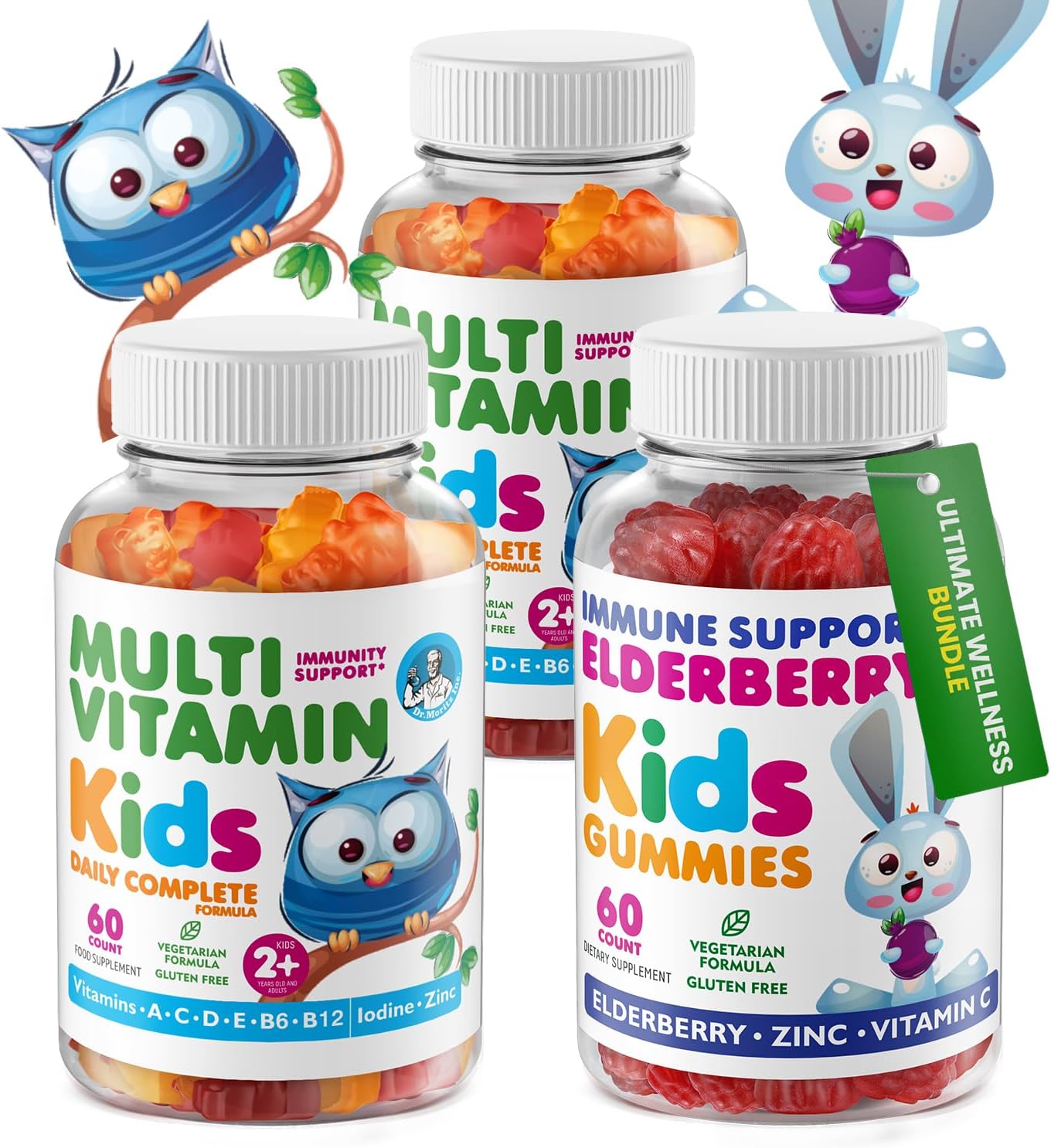 DR. MORITZ Elderberry Gummies for Kids (60 Count) and Kids Multivitamin Gummies Bundle (120 Count, 2 Pack) – for Children’s Immune Support and Overall Health – Toddler Vitamins Supplement