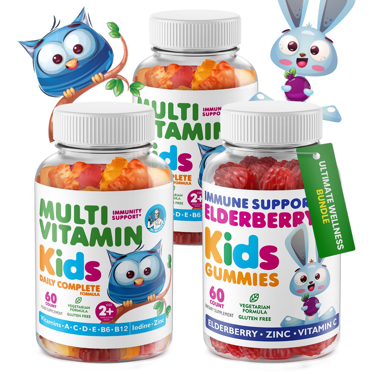 Elderberry Gummies for Kids (60 Count) and Kids Multivitamin Gummies Bundle (120 Count, 2 Pack) - for Children’s Immune Support and Overall Health - Toddler Vitamins Supplement