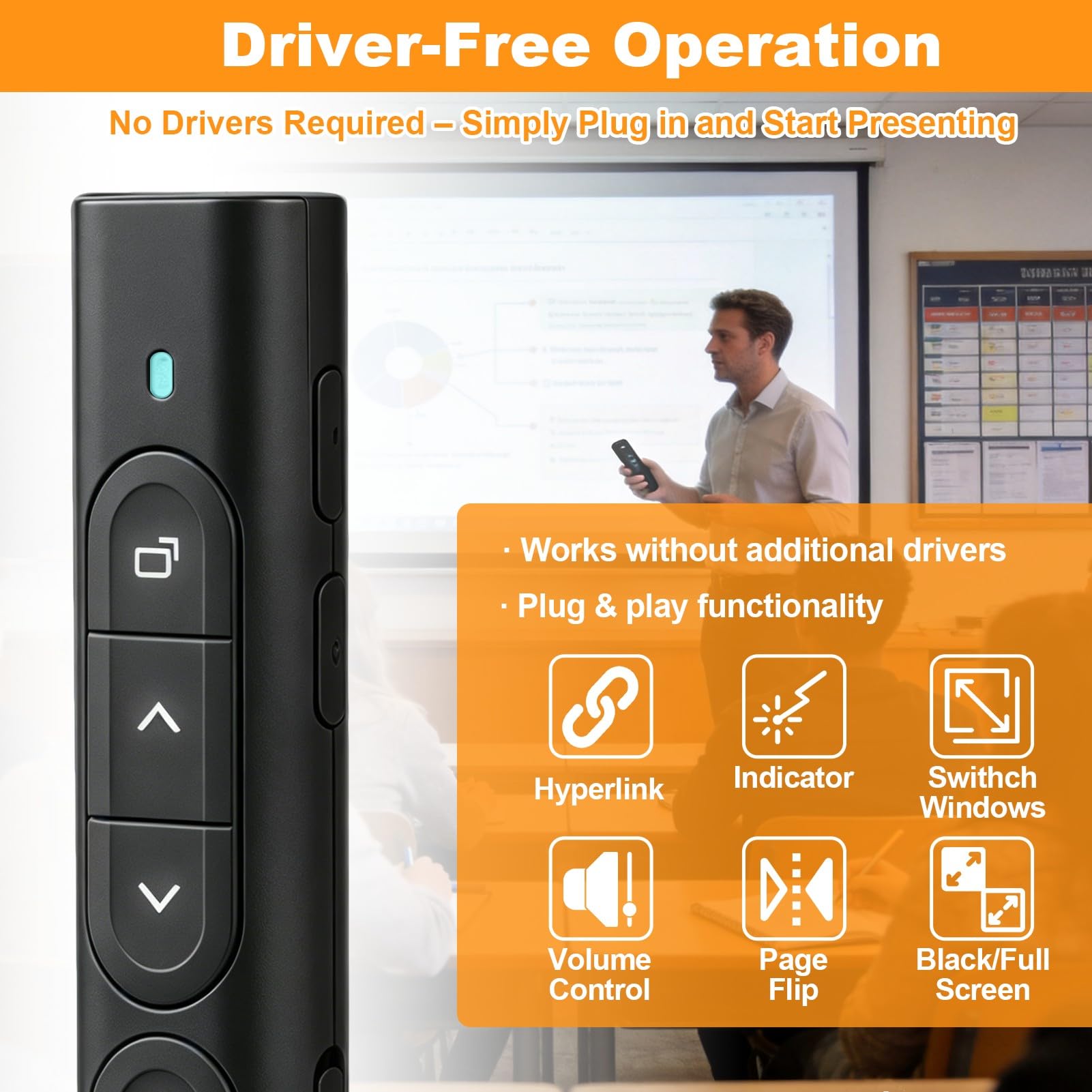 Télécommande Présentateur 2.4GHz USB sans Fil Rechargeable avec Hyperlien Contrôle du Volume pour Powerpoint Enseignement Bureau Mac PC Noir