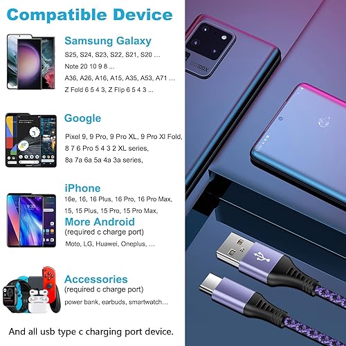 Miniatura 7 de Paquete de 2 cables USB tipo C de carga rápida de 6 pies para Motorola Moto G10 G9 G8 G7 Power Plus Play, Edge 2025, G Power/Stylus/Razr, G6 X4 Z4