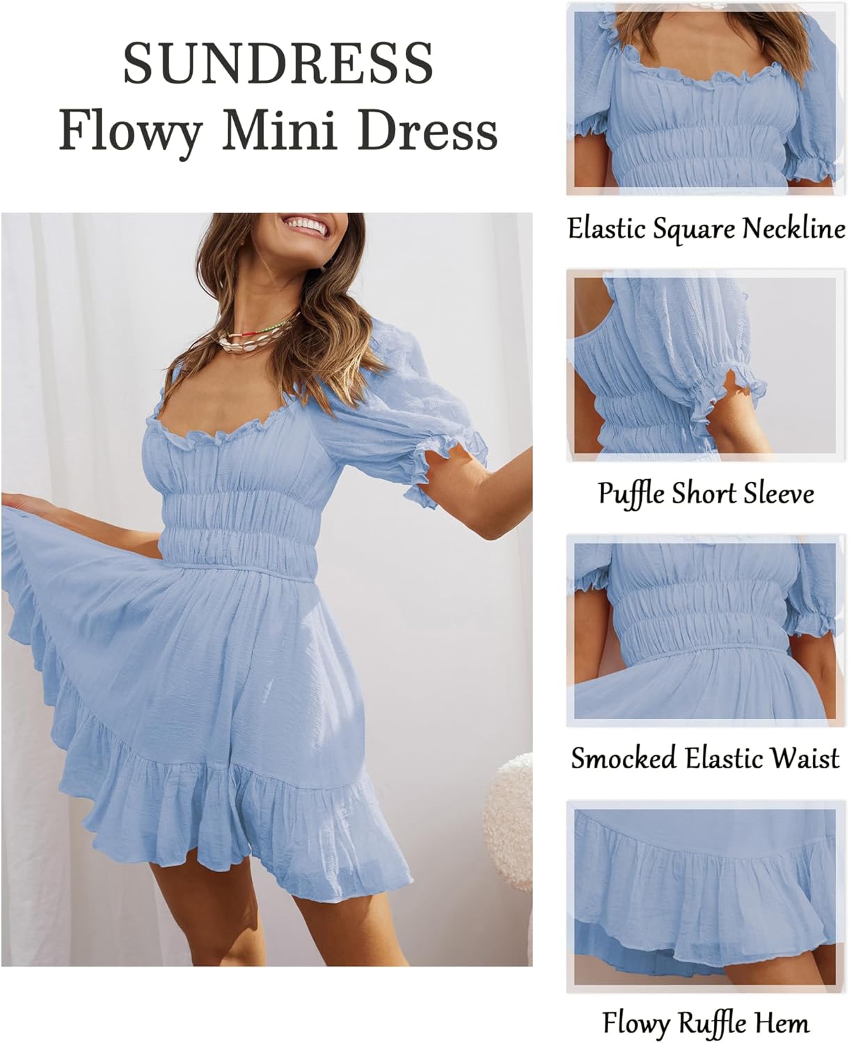 Women's Square Neck Puff Sleeve Mini Dresses Ruffle Elastic Waist A-Line Elegant Summer Casual Flowy Mini Dress - Image 3