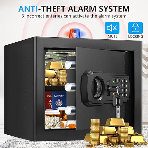 Miniatura 6 de Caja fuerte pequeña de 1.2 Cub para uso doméstico, caja de seguridad de acero con teclado programable, llaves de repuesto y estante extraíble, caja