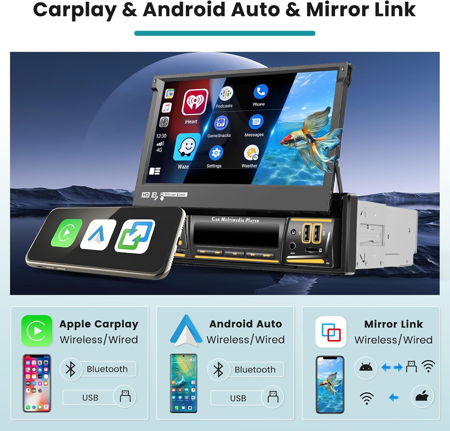 Screenshot of the car stereo display showing options for Apple CarPlay, Android Auto, and Mirror Link.