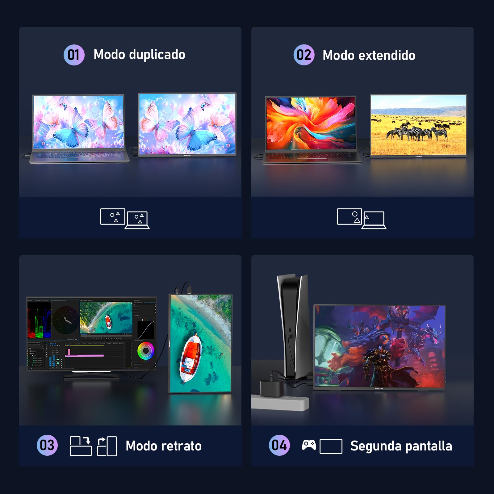 Kinhank 2.5K Pantalla Portátil, 144Hz | 16" | 500Nits | QHD | HDR | 100% sRGB, FreeSync, IPS Eye Care Monitor Portátil, Monitor Gaming para Laptop/PC/MacBook/Phones/Tablet/PS5/4/Xbox/HDMI/USB C