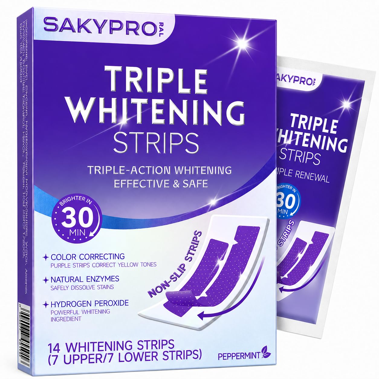 SAKYPRORAL Triple Whitening Strips, 14 Count, Low Sensitivity, Purple, Mint