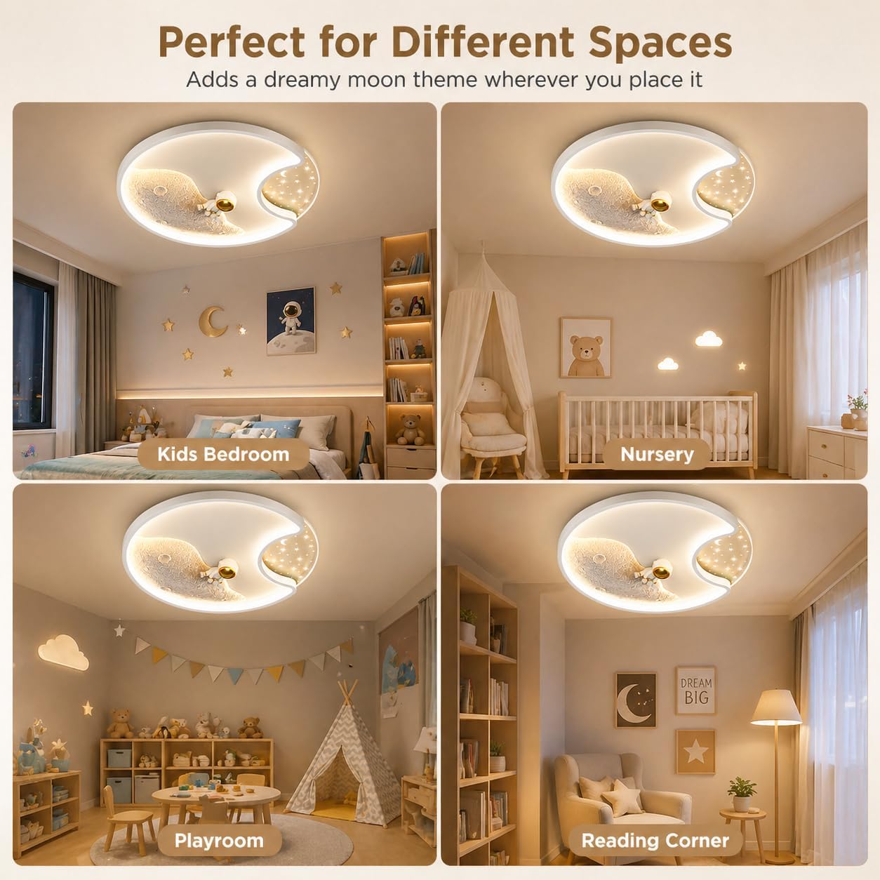 Moon Astronaut Kids Ceiling Light, 22 In Stepless Dimmable LED Flush Mount Ceiling Lamp, Space Theme Moon Light Fixture With PVC Shade, Iron Body, 110V Ceiling Light For Boys Girls Bedroom Pl