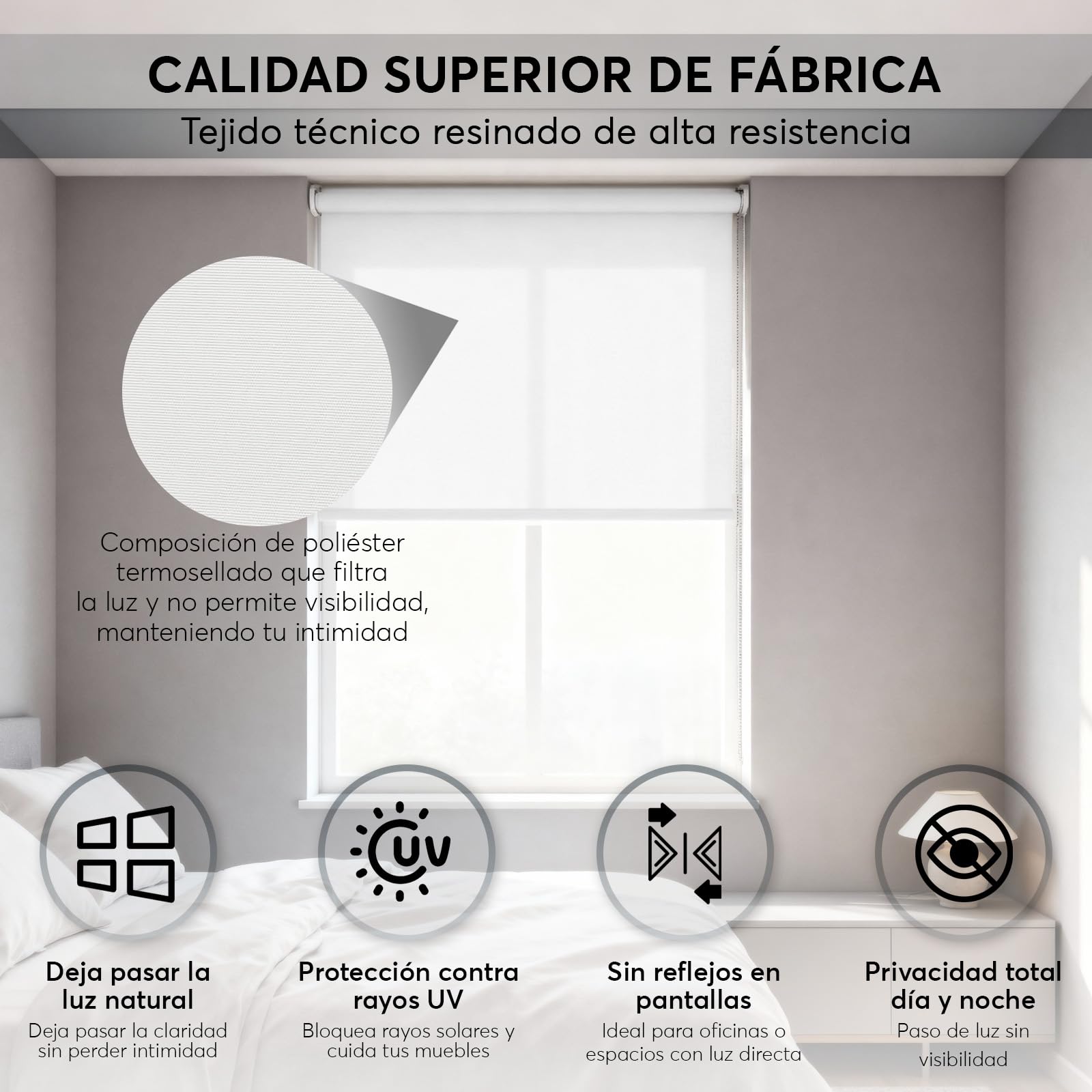 Estor Enrollable Translúcido Blanco a Medida - 120 Ancho x 180 Alto cm - Paso de Luz sin Visibilidad - Persiana para Ventanas, Puertas o Cocina - Instalación en Pared o Techo