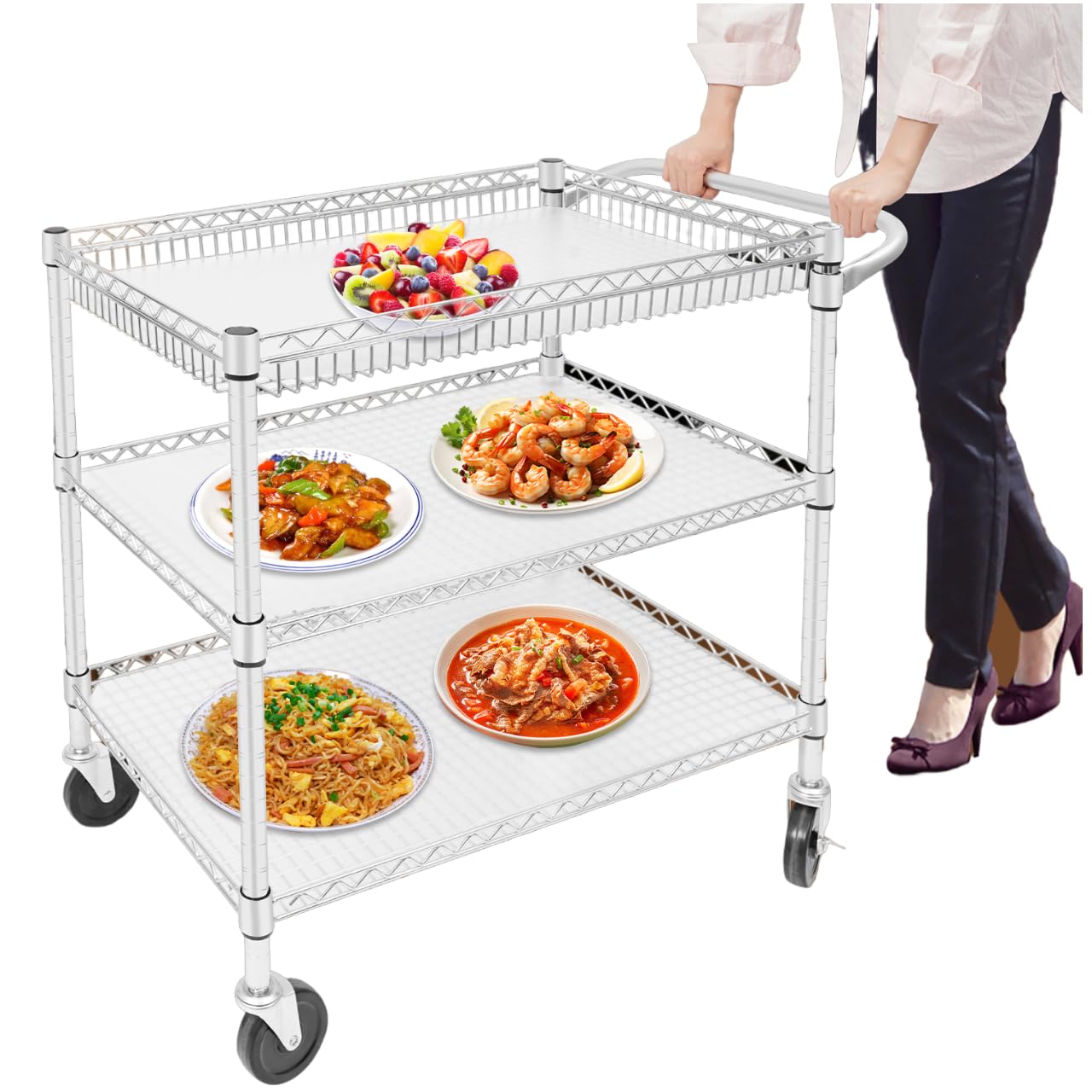 Carro de servicio de acero inoxidable para cocina, carrito de transporte con 4 ruedas universales (2 x frenables), 3 niveles, capacidad de carga por nivel, 150 kg, 76 x 46 x 82,6 cm, para