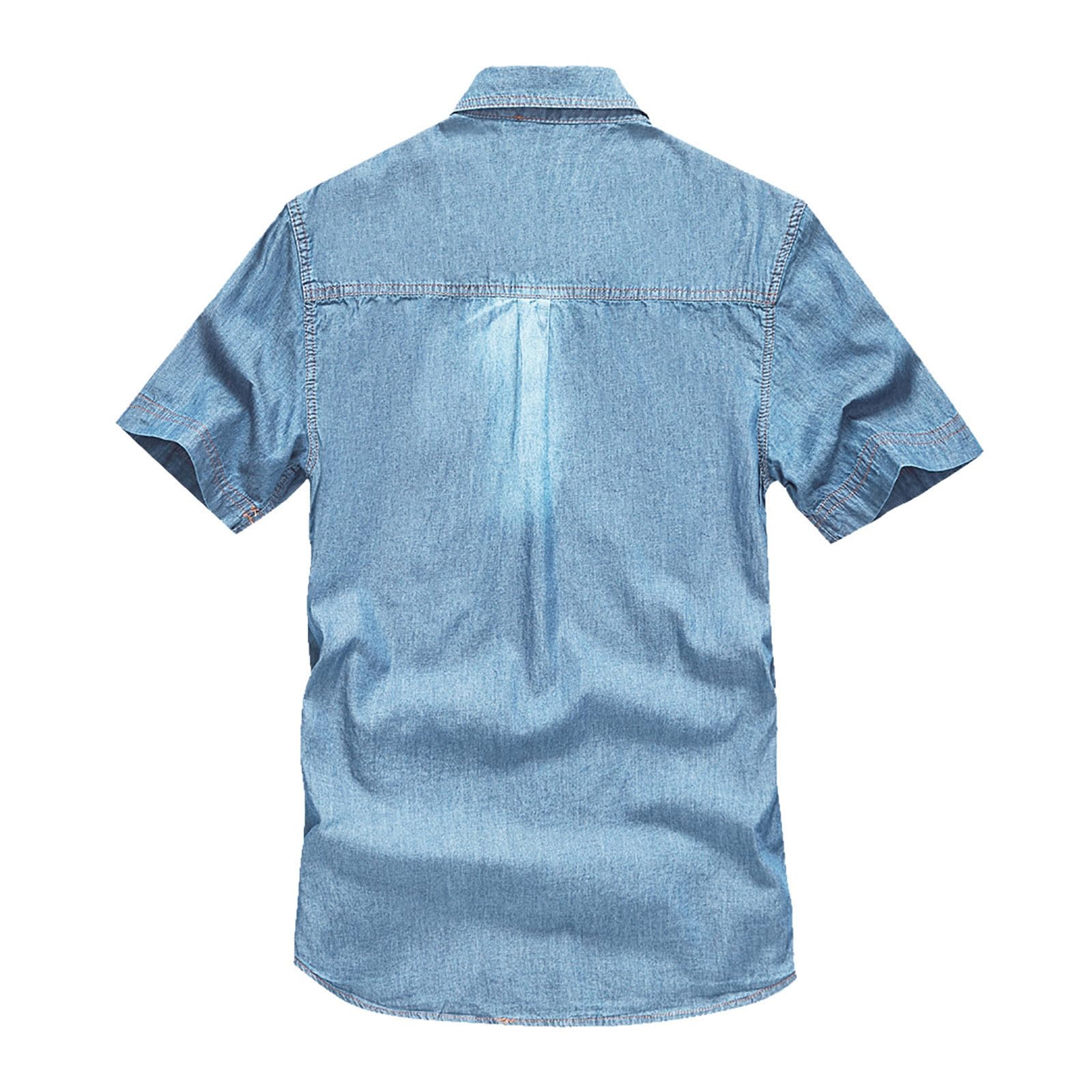 Jeans da uomo, a maniche corte, estiva, in denim, a maniche corte, con bottoni a pressione, per uomo, blu chiaro, grigio scuro, vestibilità normale, look usato, camicia a maniche corte