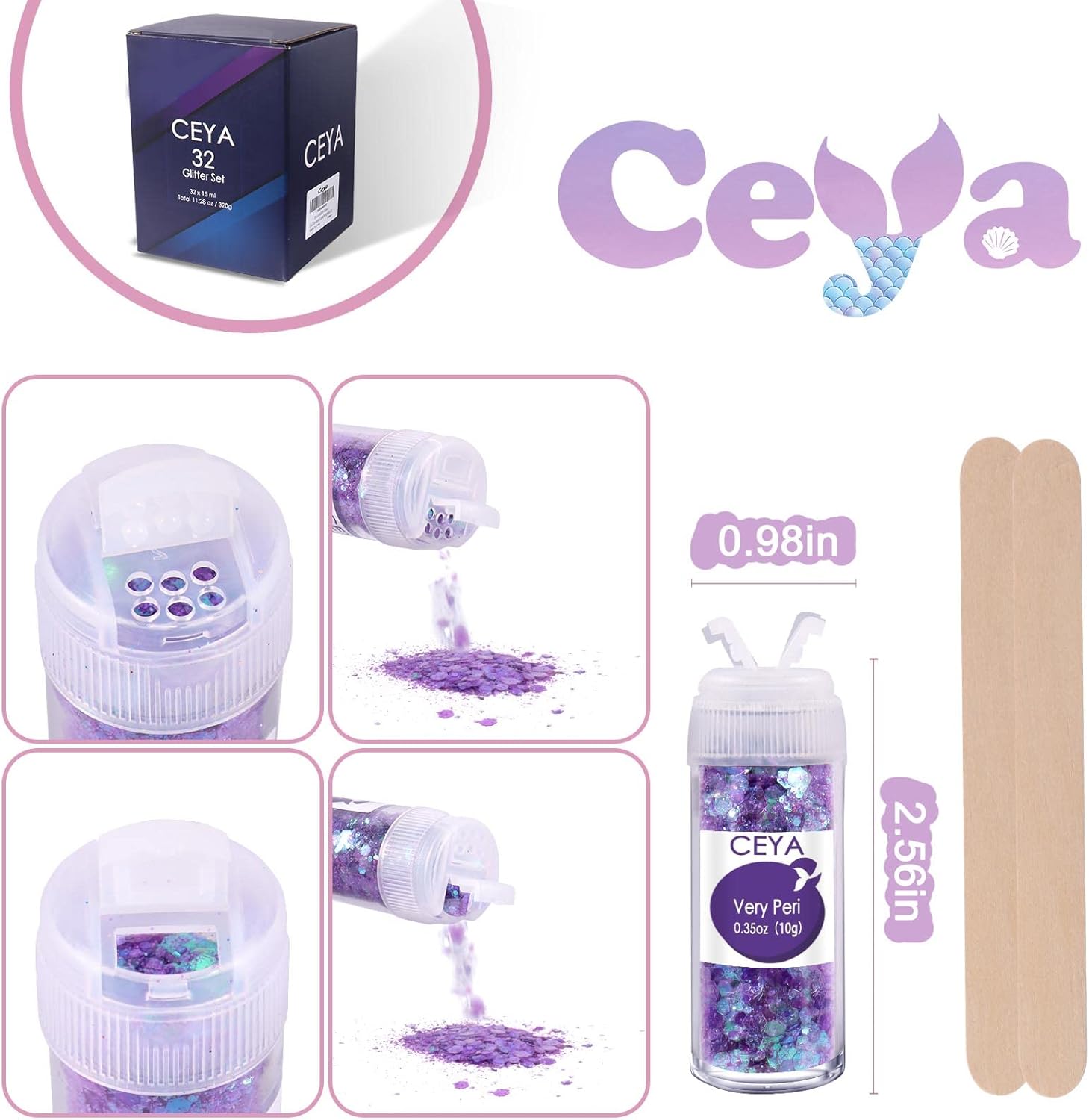 Ceya Chunky Glitter Set 32 Colors, 11.28 oz/ 320g Craft Glitter Powder Mixed Chunky Fine Sparkle Flakes Each 15ml Iridescent Nail Sequins for Epoxy Resin Nail Art Tumbler Slime Festival Decor