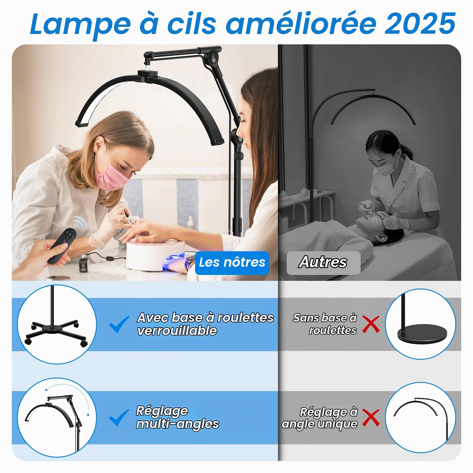 CGBE Lampe Extension Cils Demi-lune avec Base Roulante Sans Éblouissement