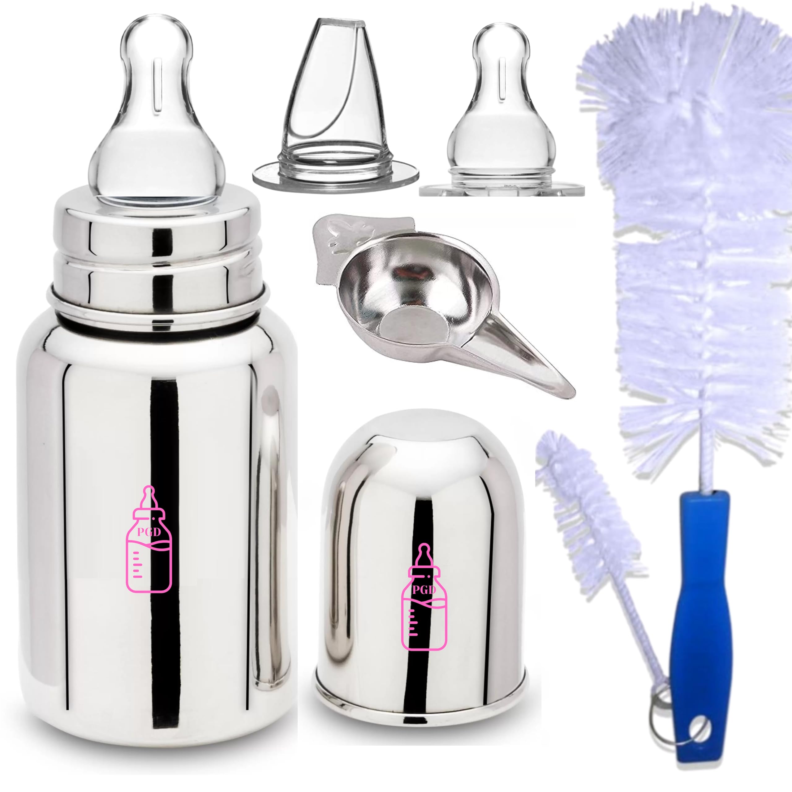 PGD Premium Stainless Steel Baby Feeding Bottles Regular Design Mirror Finish Plain Silver with Paladai Feeder Spoon, Cleaning Brush Set, Extra Sipper and Nipple for Milk/Water Feeding (150ml Combo)-image-22