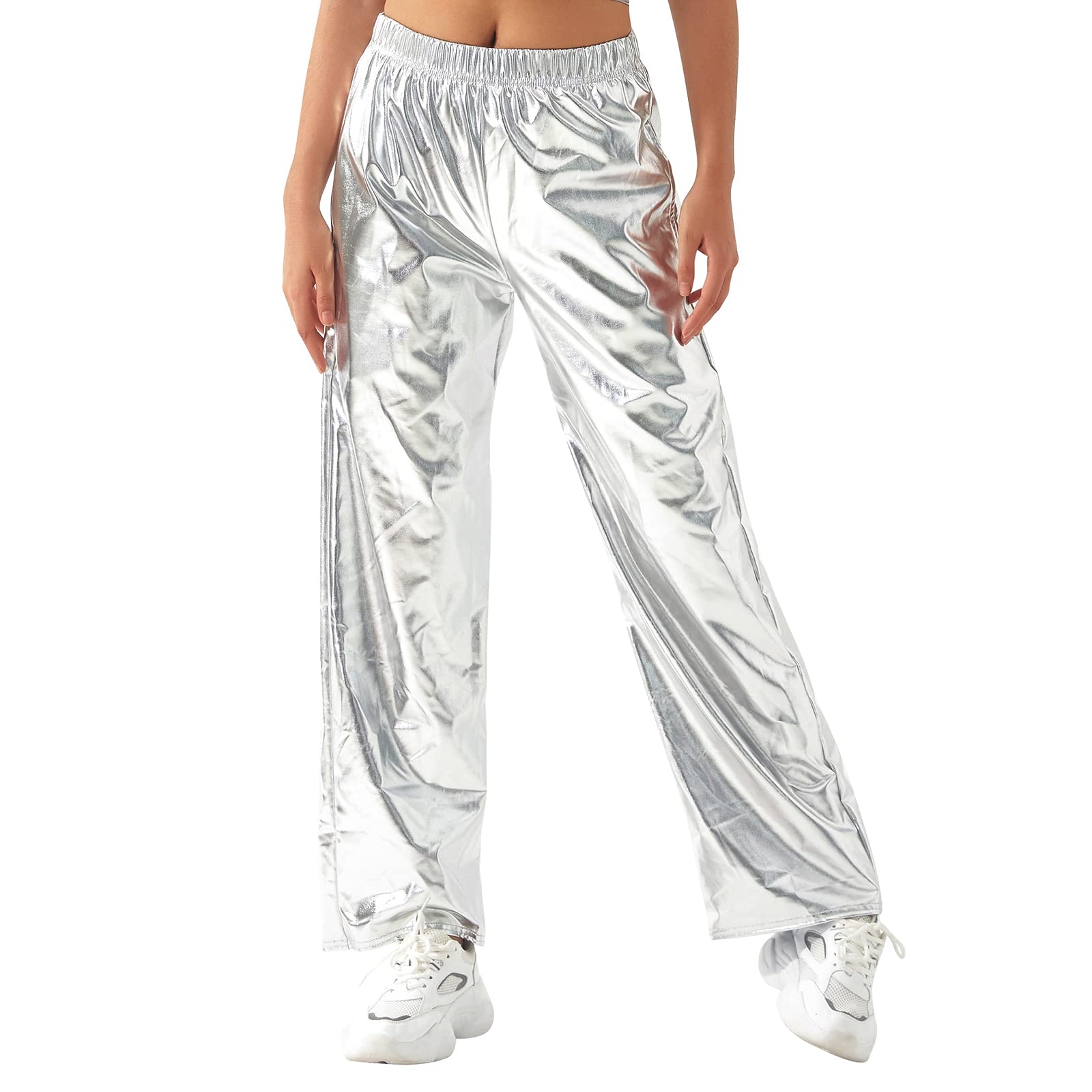 Womens Shiny Metallic High Waist Stretchy Jogger Pants Holographic Hip Hop Club Wear Streetwear