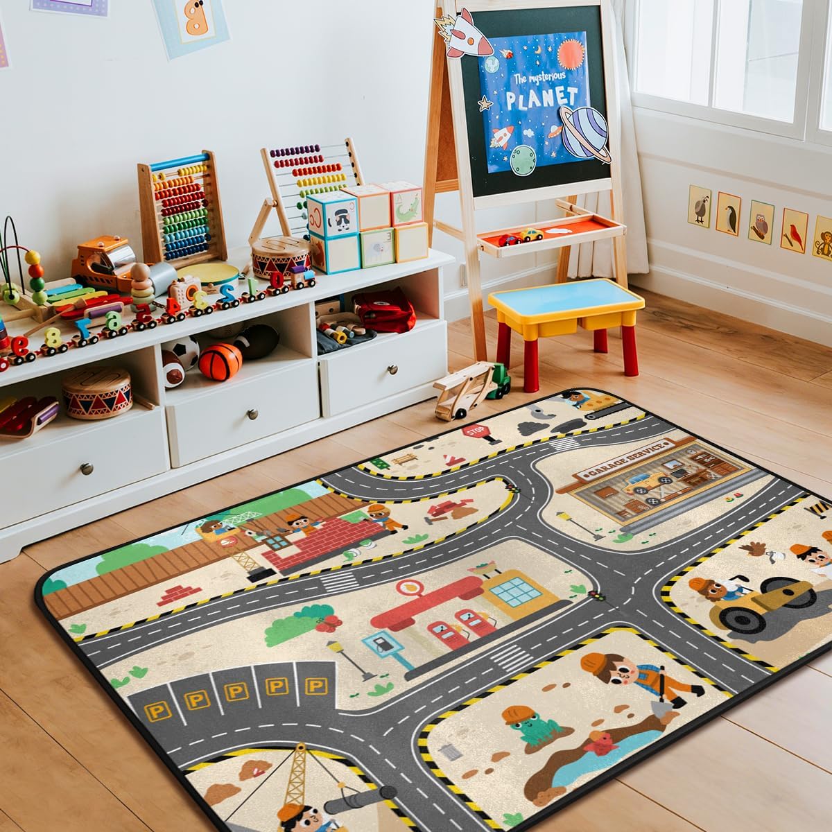 Kids Play Rug Play Mat,Construction Kids Car Play Rug for Toy Cars,Non-Slip Car Playmat Track Road Rugs for Bedroom Nursery Toddler Classroom Playroom