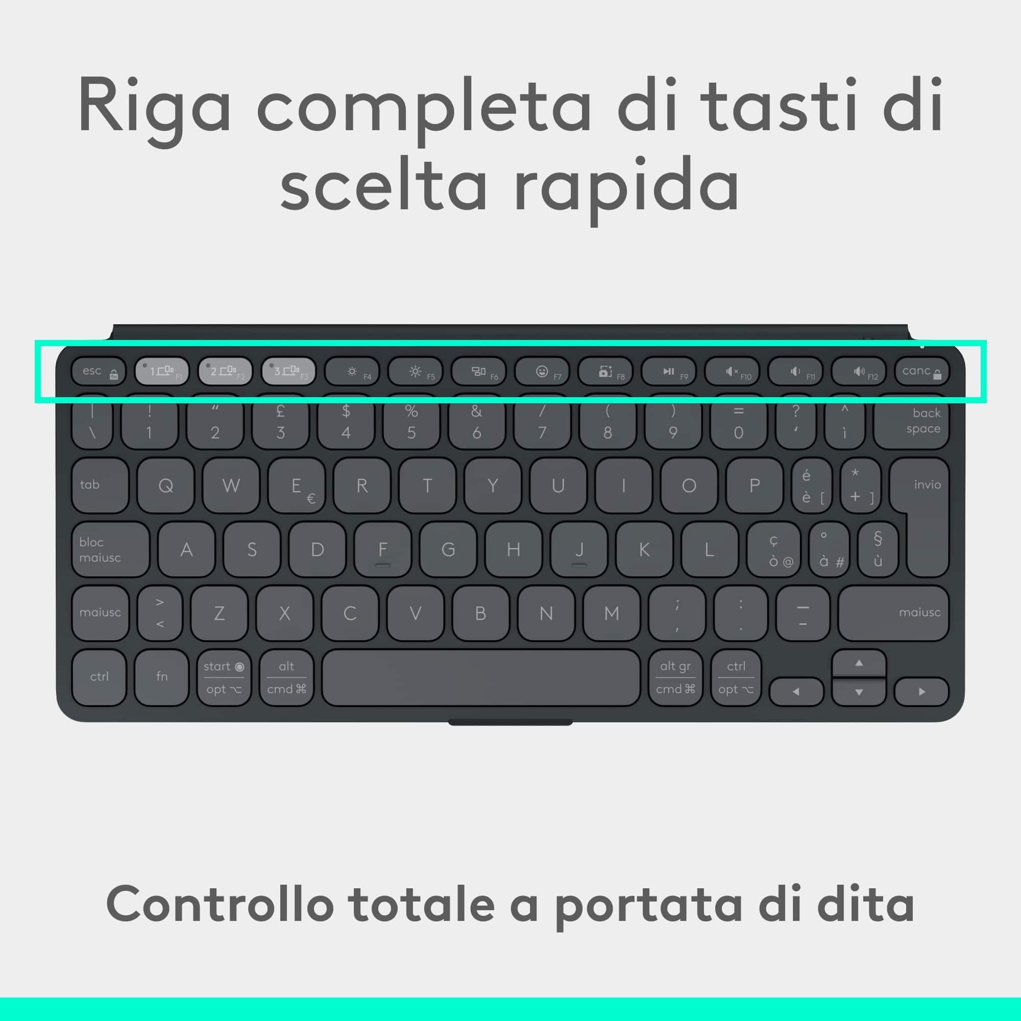 Logitech Keys-To-Go 2, tastiera Bluetooth portatile per tablet (Grafite) | Coperchio integrato, wireless, sottile, compatta per Windows, Android, Linux, iPad, iPhone, Mac, Apple TV, QWERTY ITA