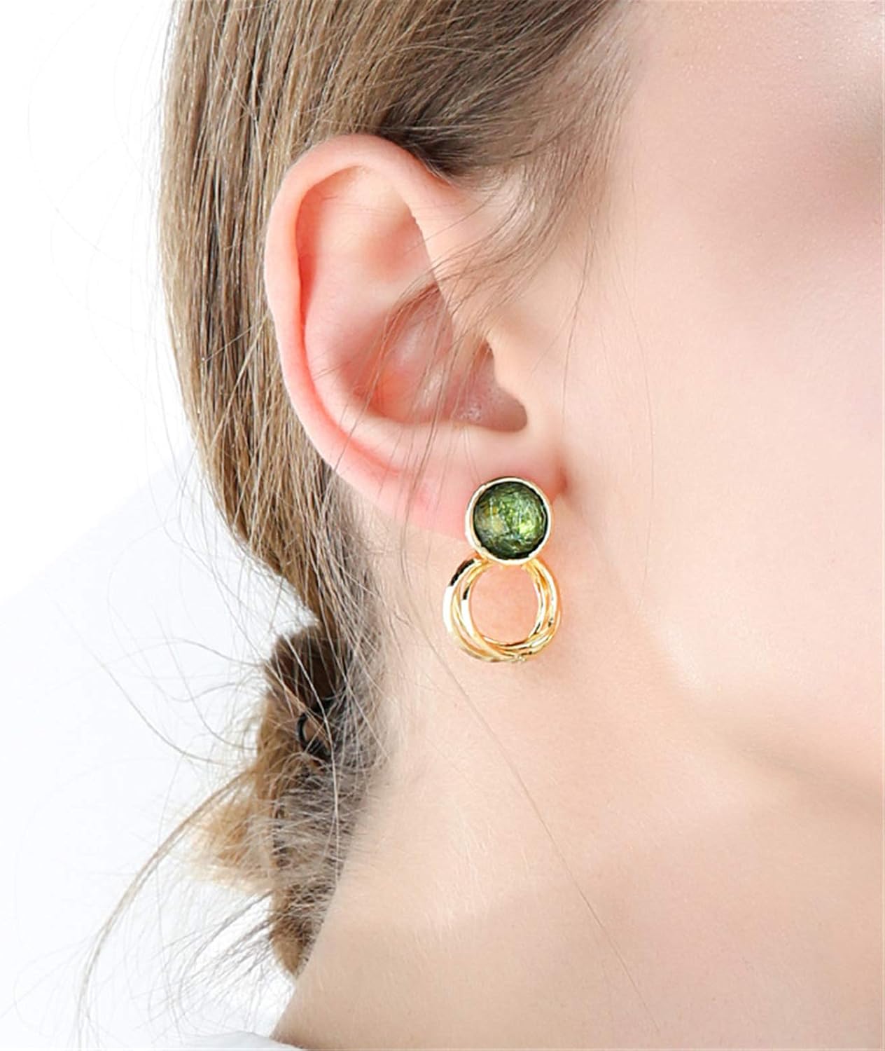 coadipress Green Round Stud Earrings for Women Fashion Gold Plated 925 Sterling Silver Dipped Circle Dangle Drop Geometric Brushed Statement Earrings - Image 4