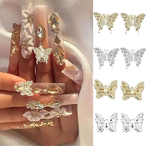 Miniatura 3 de 20 dijes de uñas de mariposa para uñas acrílicas, arte de cristal 3D, mariposas doradas y plateadas, diamantes de imitación, joyas, gemas de