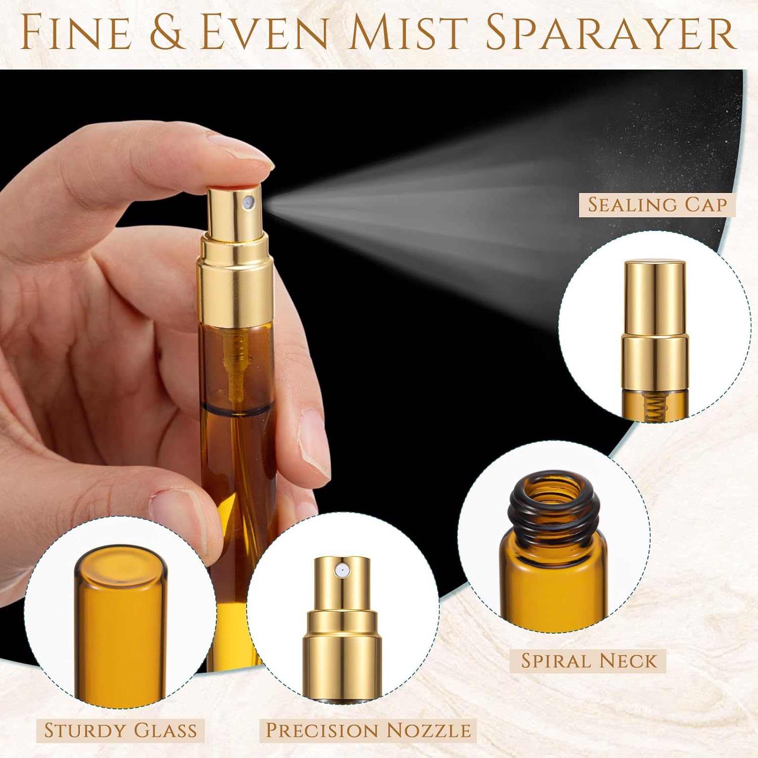 Domensi 60 Pcs 10ml Amber Glass Refillable Bottles for Essential Oils Aromatherapy Skincare, Refillable Fine Mist Atomizer Spray Bottle for Facial Mist, Serum, Travel DIY Perfume Use