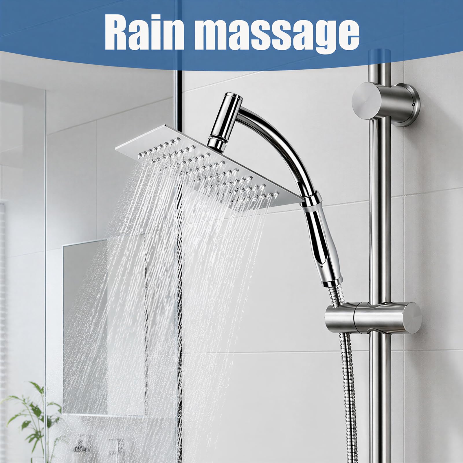 Grande soffione doccia quadrato a pioggia, 20,3 cm, in acciaio inox, con kit di staffe e tubo, soffione doccia a cascata per un'esperienza doccia lussureggiante, facile installazione (argento)
