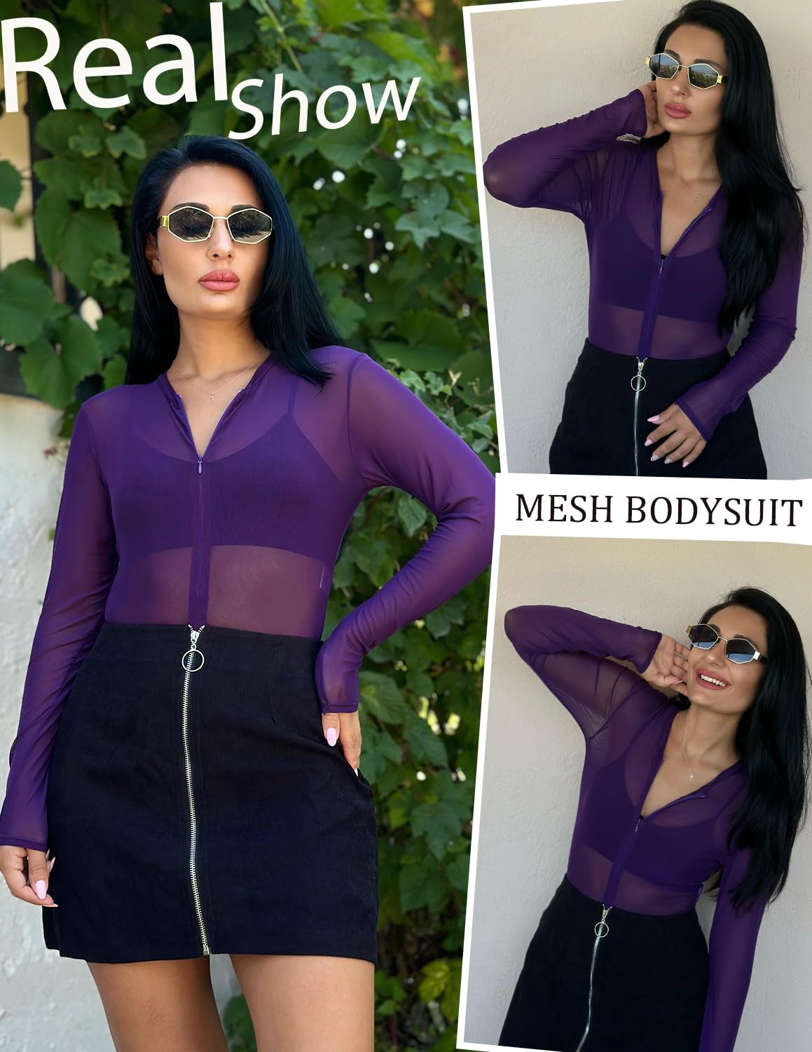 Avidlove Women's Mesh Bodysuit - Long Sleeve Snap Crotch See Through Zipper Sheer Leotard