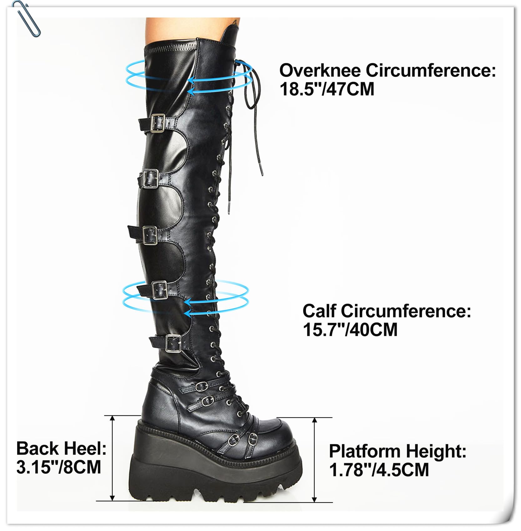 Gothniero Black Platform Boots Over Knee Thigh High Goth Boots for Women Chunky Heel Rave Motorcycle Boots with Buckles Side Zip Lace Boots Size5.5-10: 9 Black