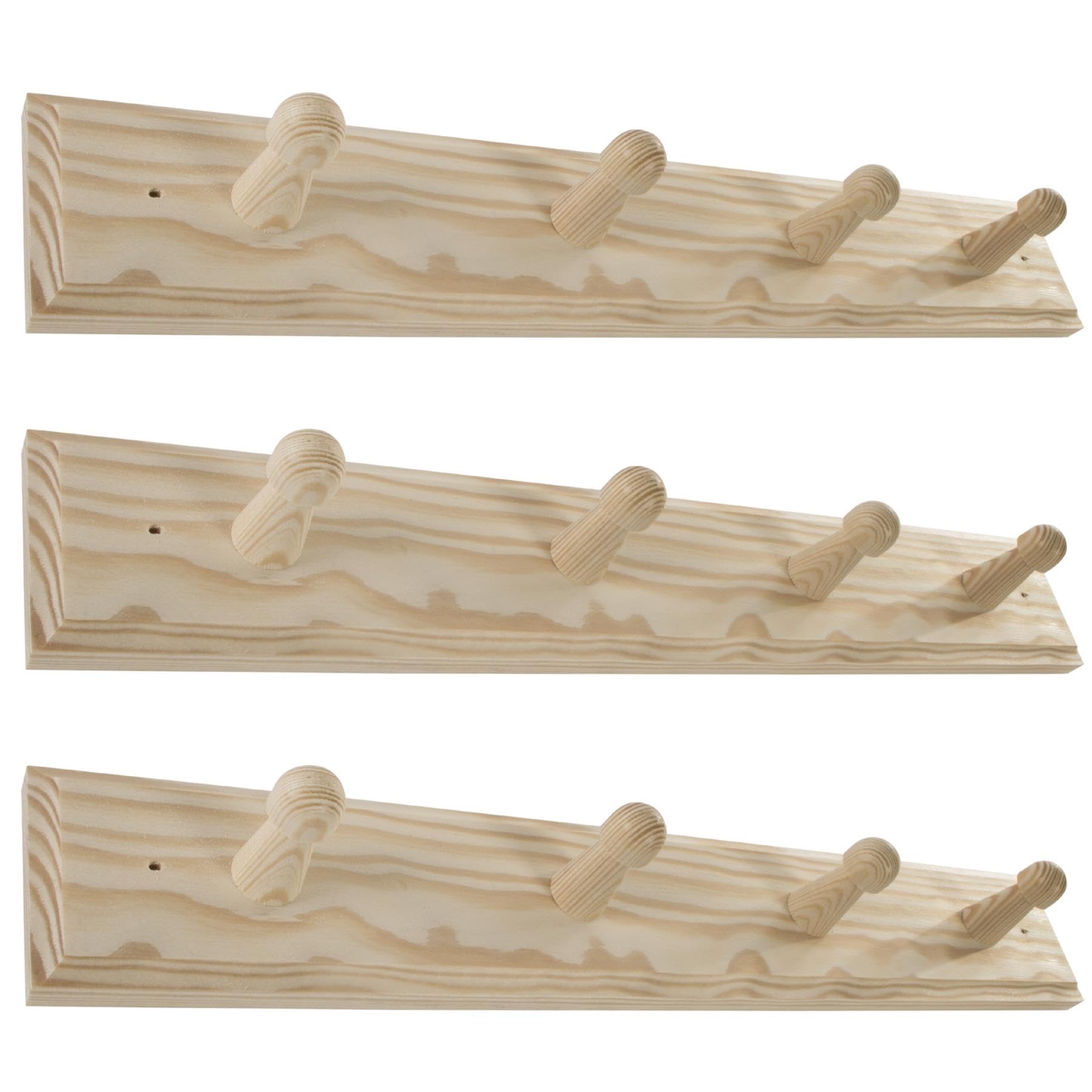 Woodeedoo Set Of 3 Wooden Coat Hooks Wall Mounted 4 Pegs Each – Unpainted Pine Hook Racks For Door Or Wall Storage Diy Hangers For Coats Towels Bags 37 X 6 X 5.5 Cm