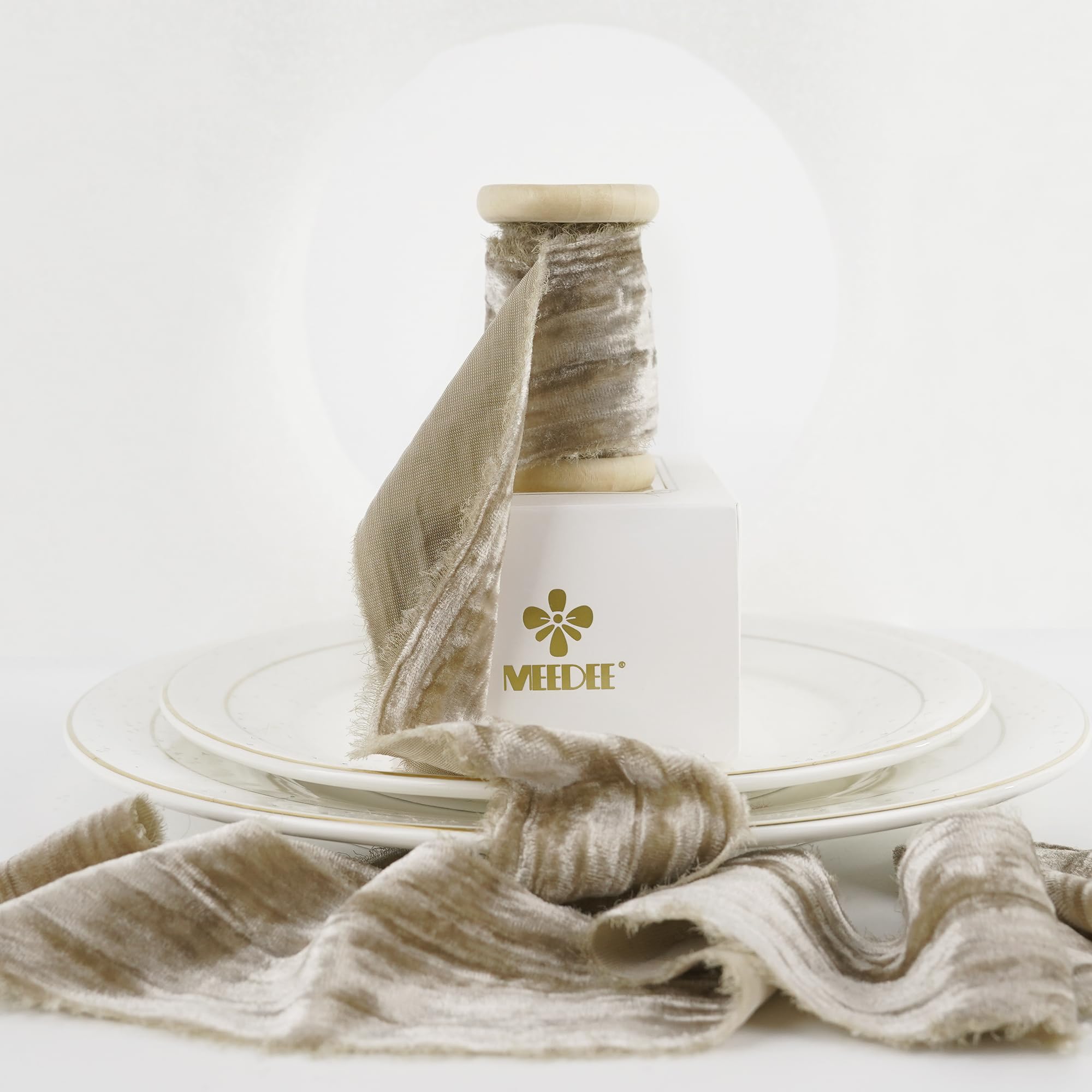 MEEDEE Taupe Velvet Ribbon 2 Inch Frayed Edge Silk Ribbons 2 Rolls 4 Yards Crinkle Crushed Ribbons Champagne Velvet Ribbon for Christmas Tree, Gift