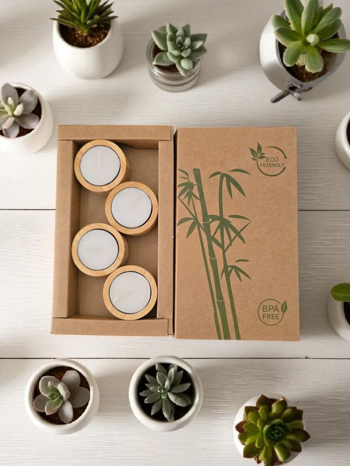 Catchex Natural Bamboo Decorative Tealight Candles - Set of 4, Eco Friendly Holder (4) 1