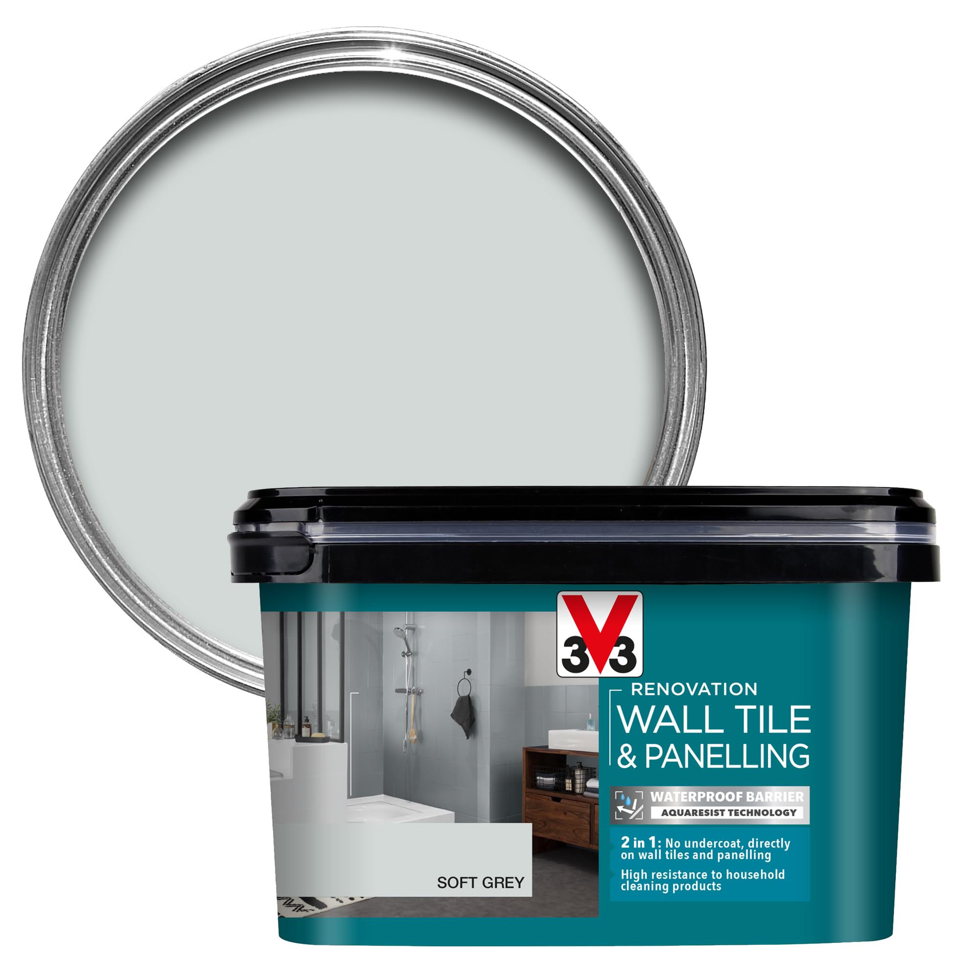 V33 Renovation Wall Tile & Panelling Paint - No Undercoat Needed - For High Moisture Surfaces - Resistant To Temperature Variations - Soft Grey 2 Litres