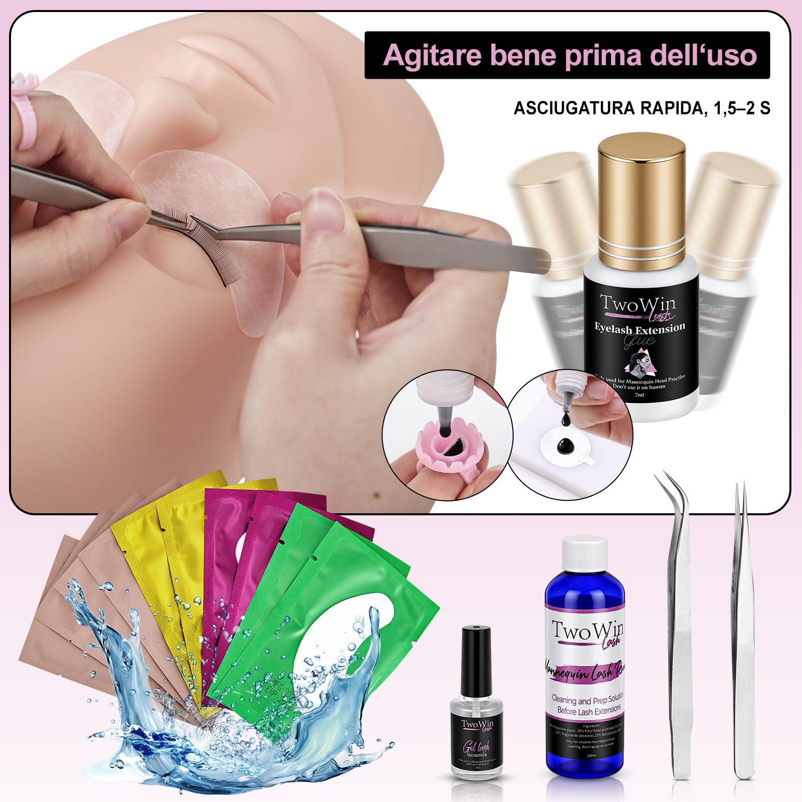 TwoWin Kit per Extension di Ciglia, Testa di Manichino Professionale | per Formazione e Pratica di Extension di Ciglia per Principianti, Forniture per Estetiste e Cosmetologia