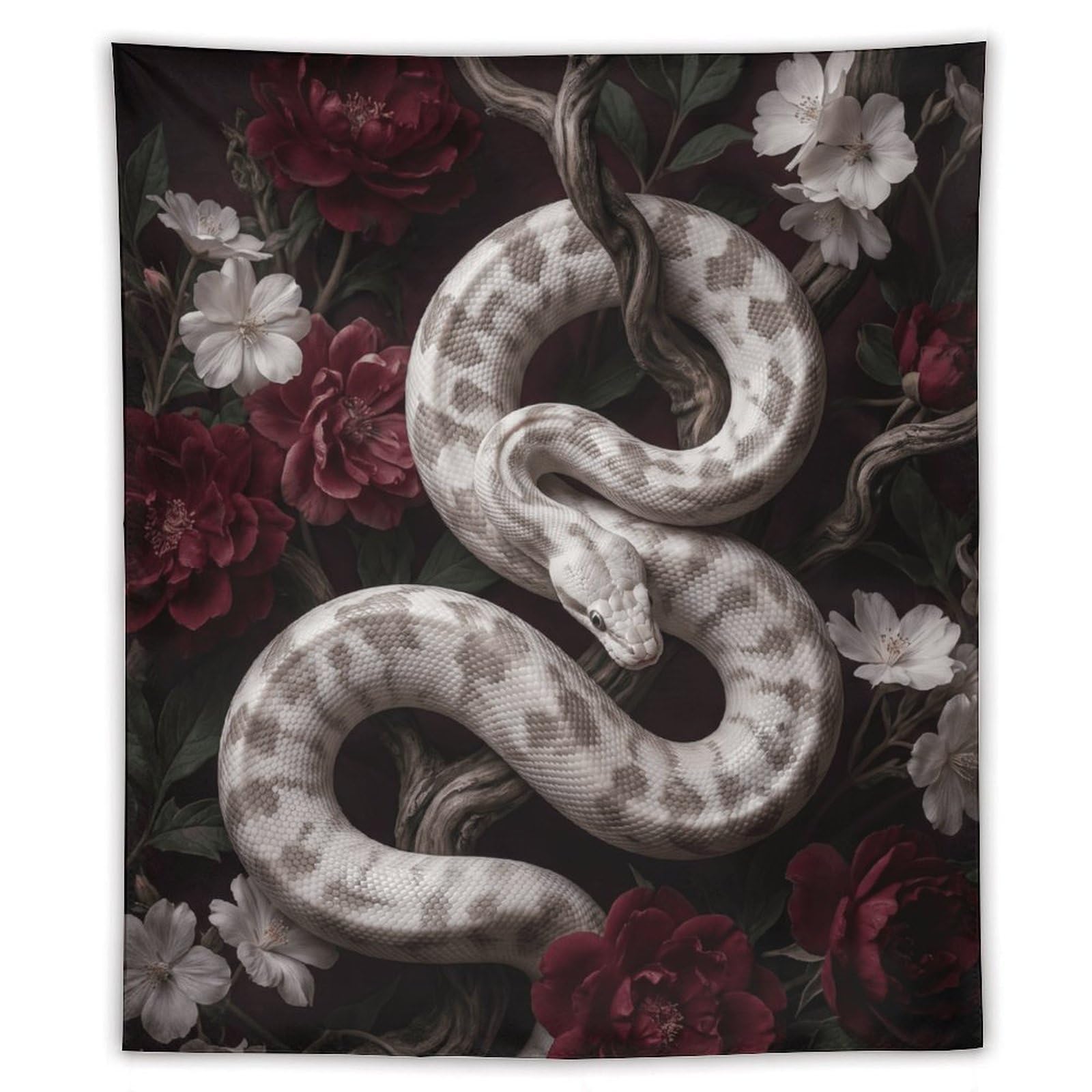W7C8U2X3 White Snake Red Roses Wall Tapestry, Botanical Gothic