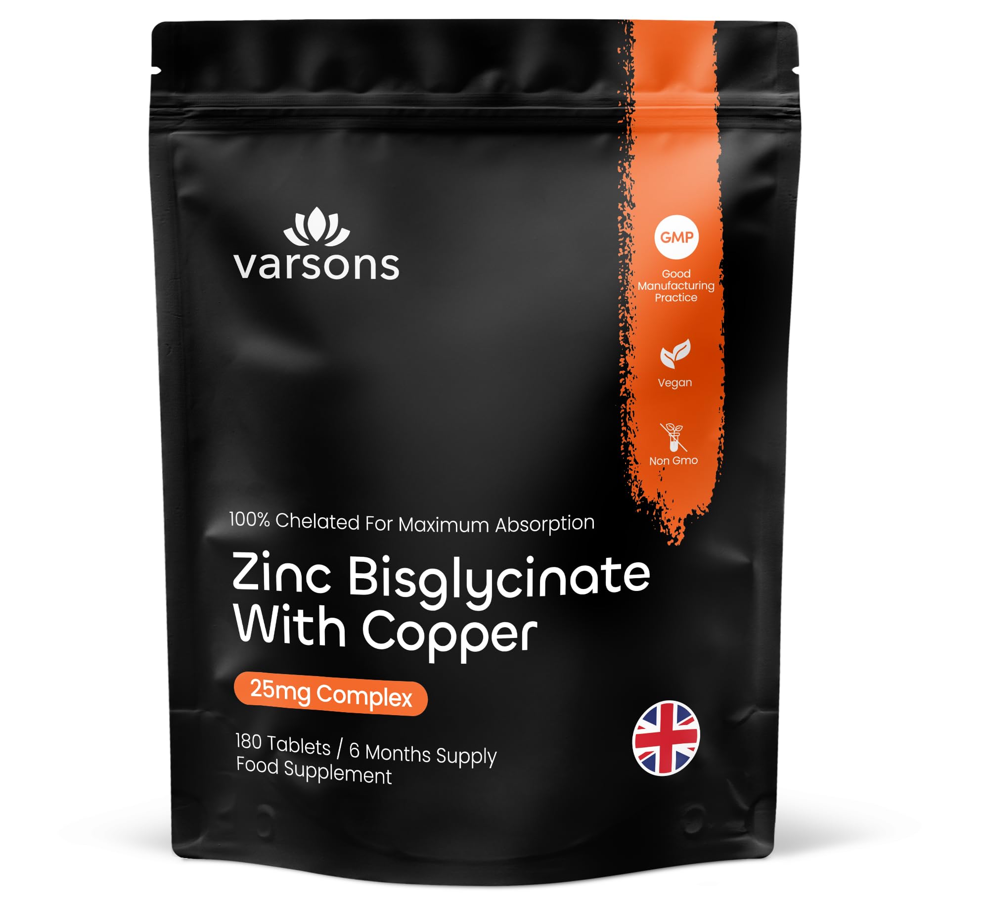 Zinc Bisglycinate 25mg with Copper - Chelated High Absorption Zinc Supplements for Immunity, Skin, Bones & Hair - 6 Month Supply, Vegan-Friendly & Magnesium Stearate-Free