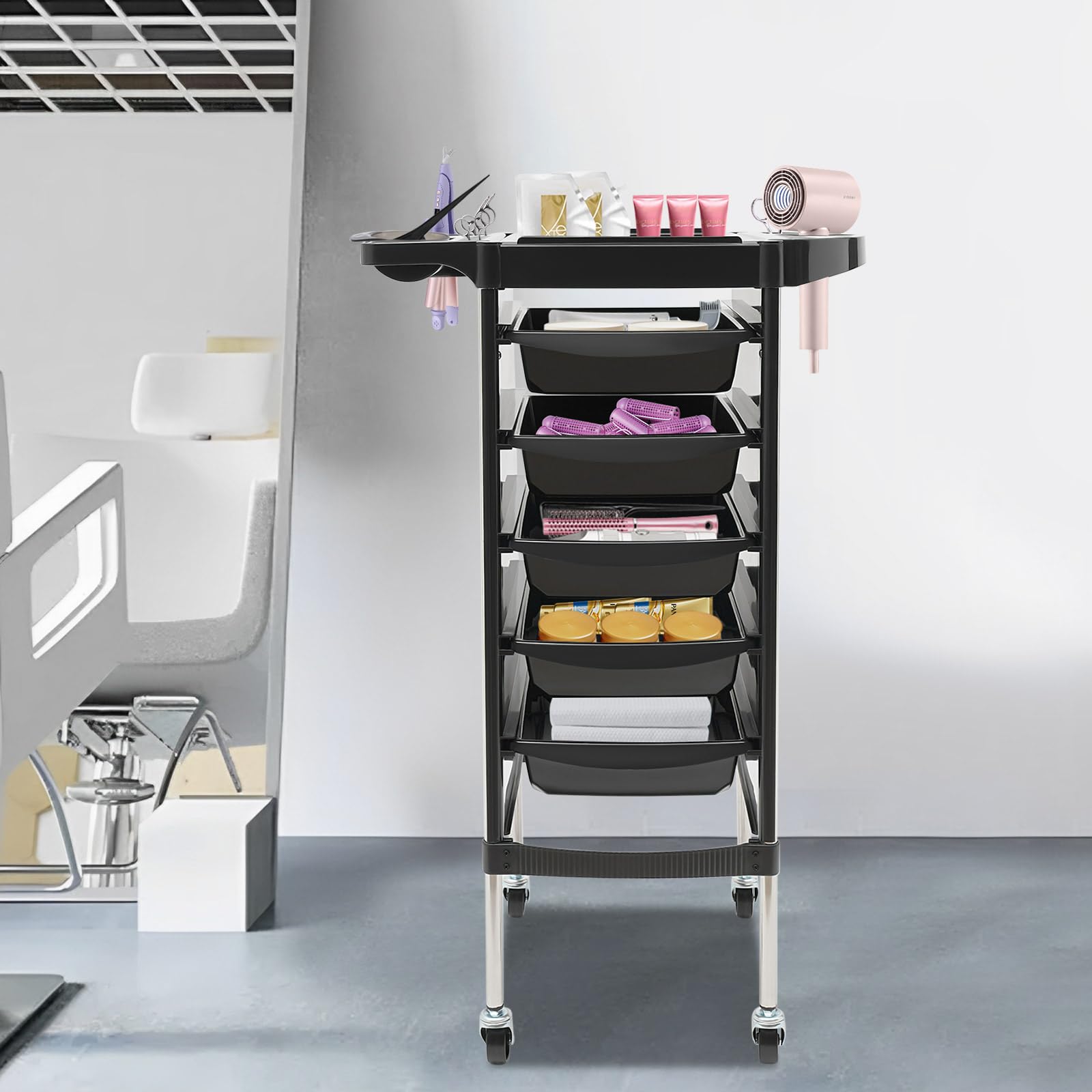 Carrito de peluquería con ruedas 6 niveles 5 cajones extraíbles negro