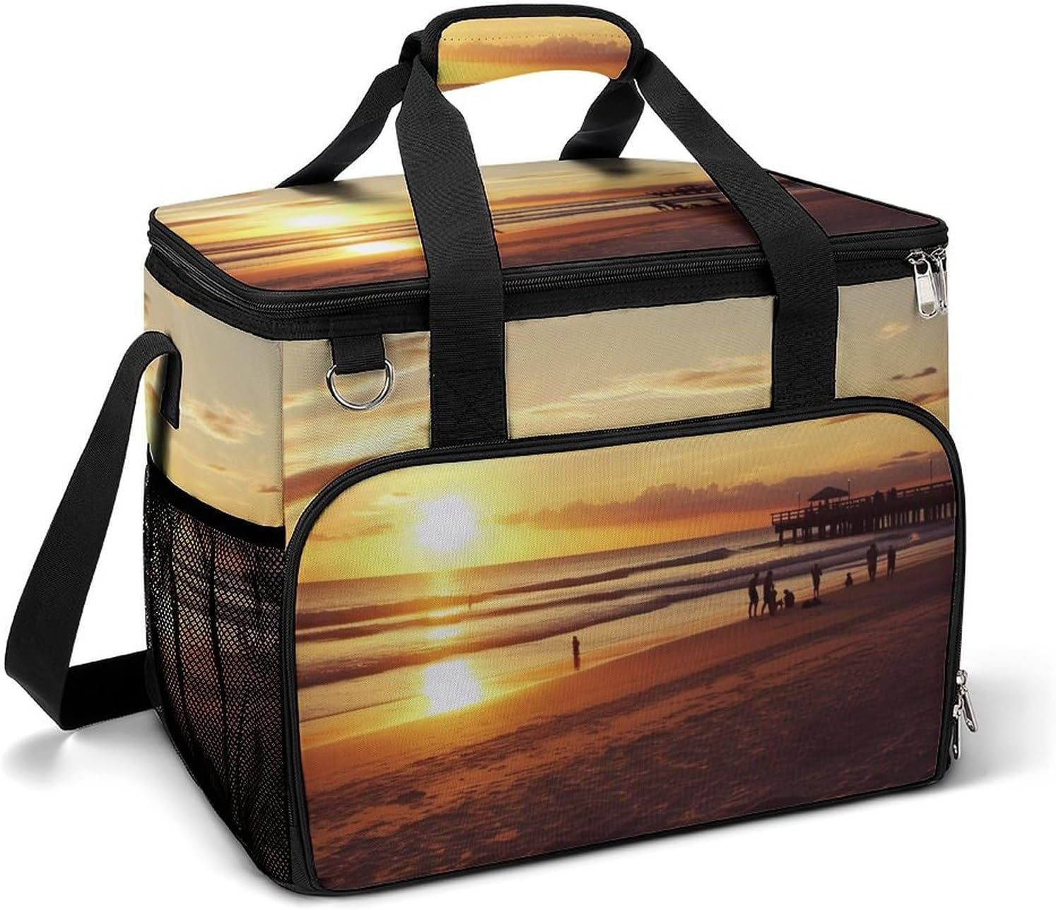 Large Capacity Oxford Cloth Sunset Beach Printed Camping Ice Bag, Outdoor Portable Insulation and Cooling Bag, Suitable for Outdoor Camping and Picnics