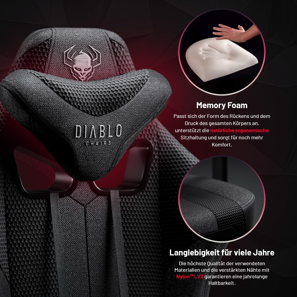 Diablo Gaming Stuhl Stoff X-Player 2.0 - Breite Sitzfläche - Gaming Chair mit 3D Armlehnen - Nacken/- Lendenkissen Wippfunktion - Bürostuhl 160 kg - Pc Gaming Stuhl Ergonomisch - King (XL)