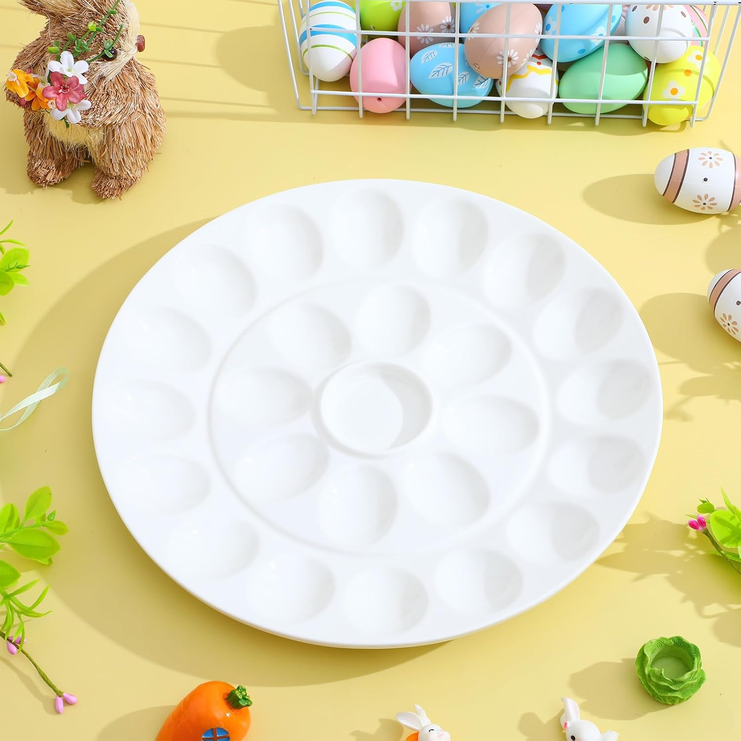 Garneck Ceramic Deviled Egg Tray: 24-hole Round Deviled Egg Platter - Microwave Refrigerator Safe Serving Plate for Easter Parties, Gatherings Appetizers 13 Inch
