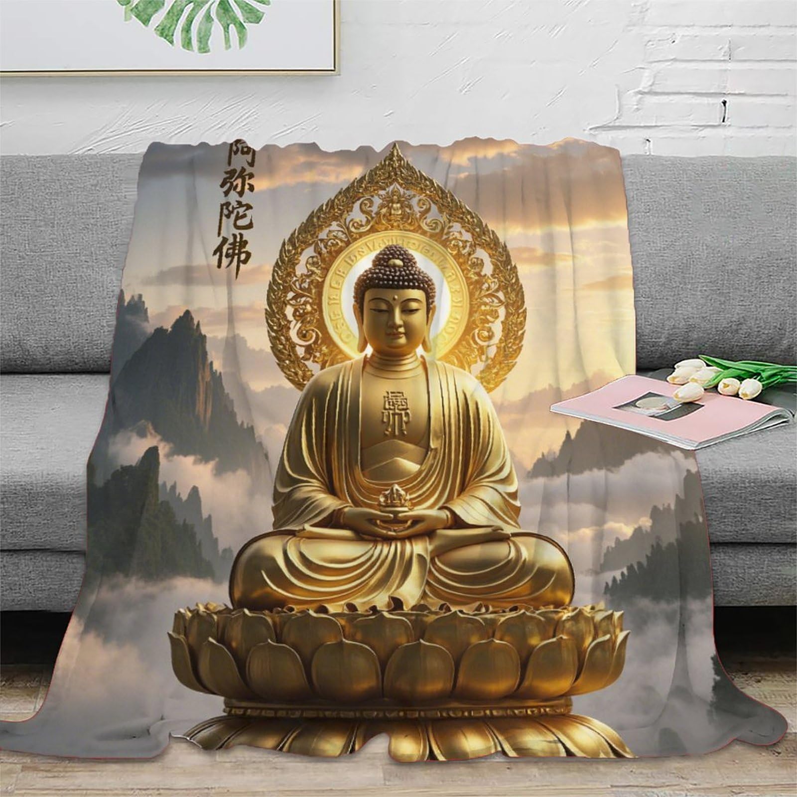 Statuetka Buddy, puszysty koc wełniany, 150 x 200 cm, na sofę, koc sakyamuni biały, puszysty, miękki, ciepły koc Sherpa na kanapę, do salonu, na zimę/jesień