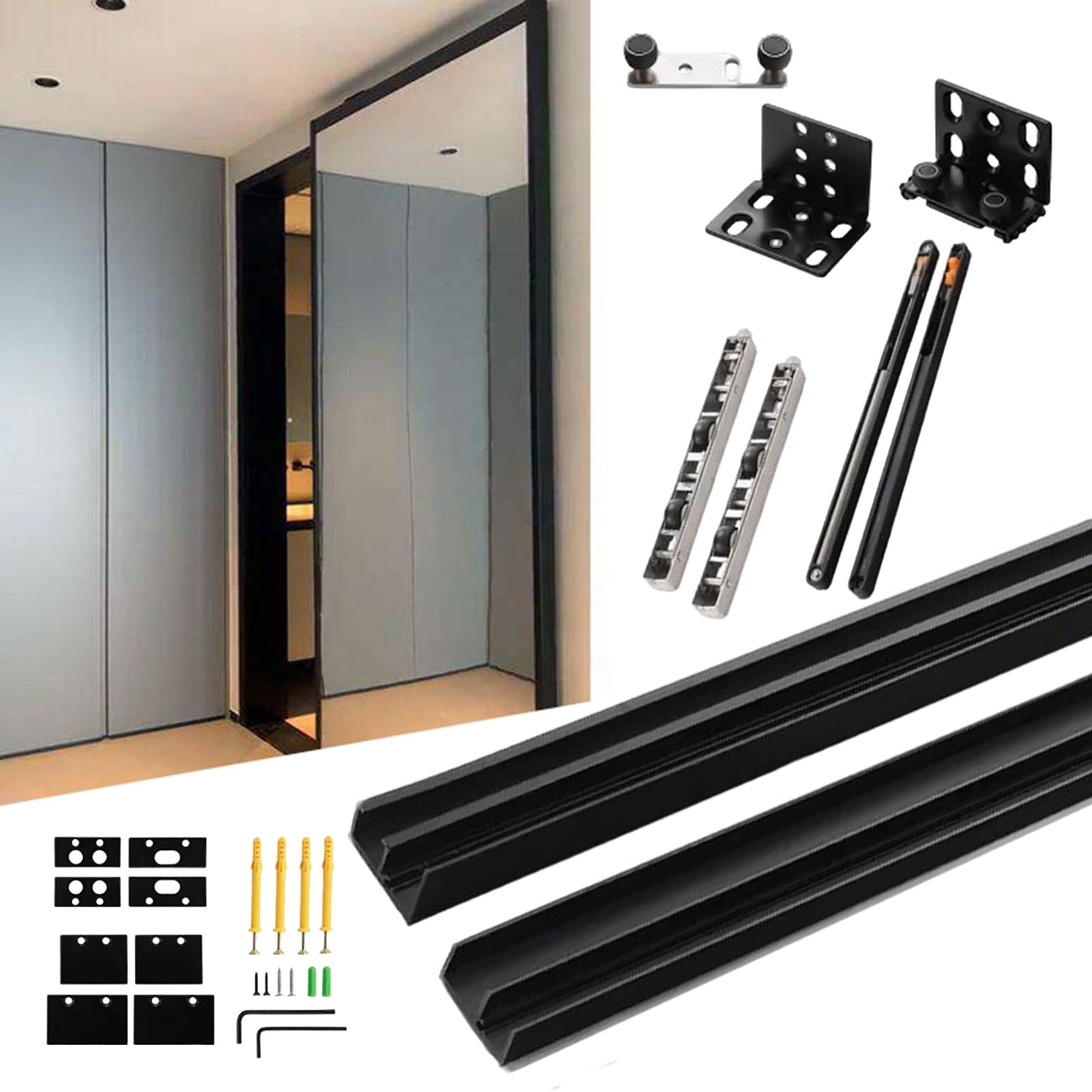 Blazea Invisible Trackless Sliding Door Hardware Top and Bottom Rails, Hidden Ghost Sliding Door System Replacement, Modern Concealed Floating Barn Doors Track Kit(40in(102cm))