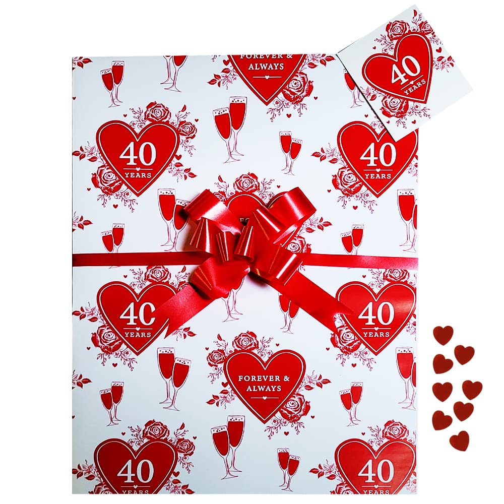 Ruby 40th Anniversary Wrap Pack, 2 Gift Wrapping Paper Sheets 2 Tags 2 Red Pull Bows and Red Hearts Confetti