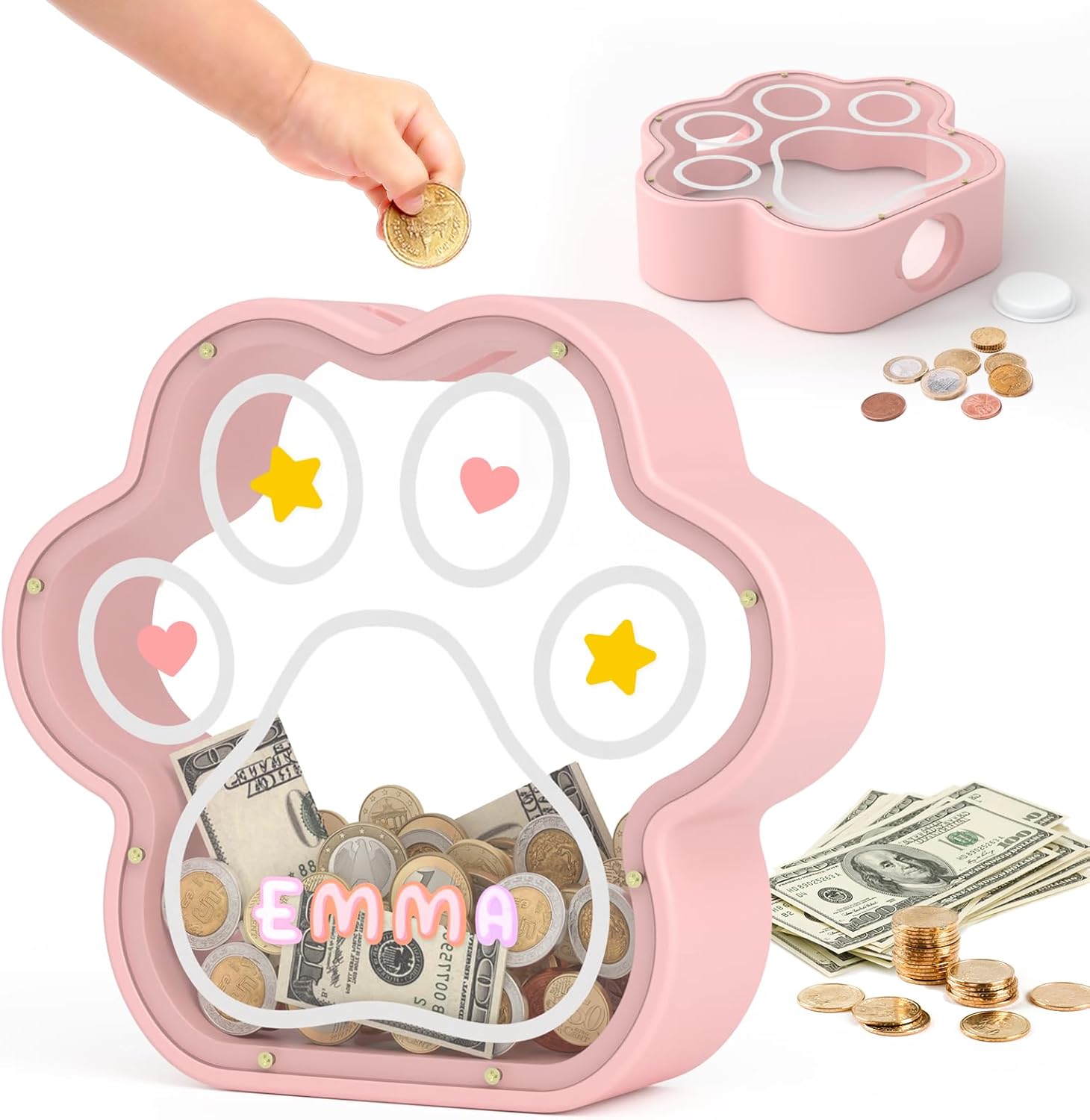 KMC Large Wooden Cat Caw Piggy Bank, Dog Paw Saving Money Box for Boy Clear Piggy Bank for Girl Large Initial Coin Bank Personalized Gift for Birthday and Festival(Pink)