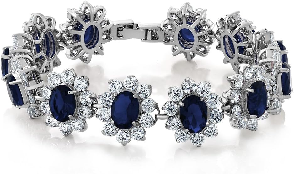 Gem Stone King 27.00 Cttw Royal Blue Simulated Sapphire and White CZ Tennis Bracelet For Women | 8X6MM Oval and 3MM Round | 7 Inch with Security Clasp