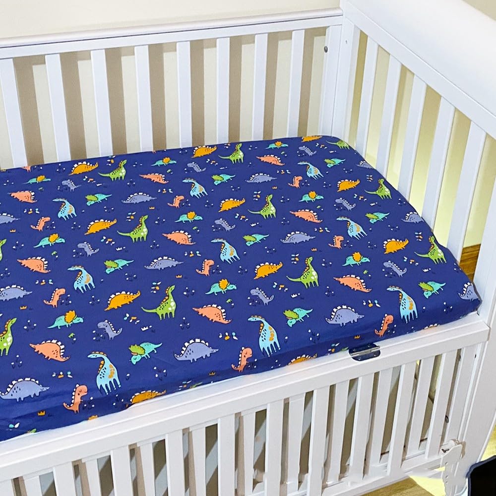 Odot Soft Cotton Cot Bed Sheets, Cartoon Bedside Cribs Fitted Sheets for Boys Girls, Newborn Bassinet Sheets, Baby Bed Sheets Stretch Edge Mattress Protector Easy Care (120x70cm,Dinosaur 2)