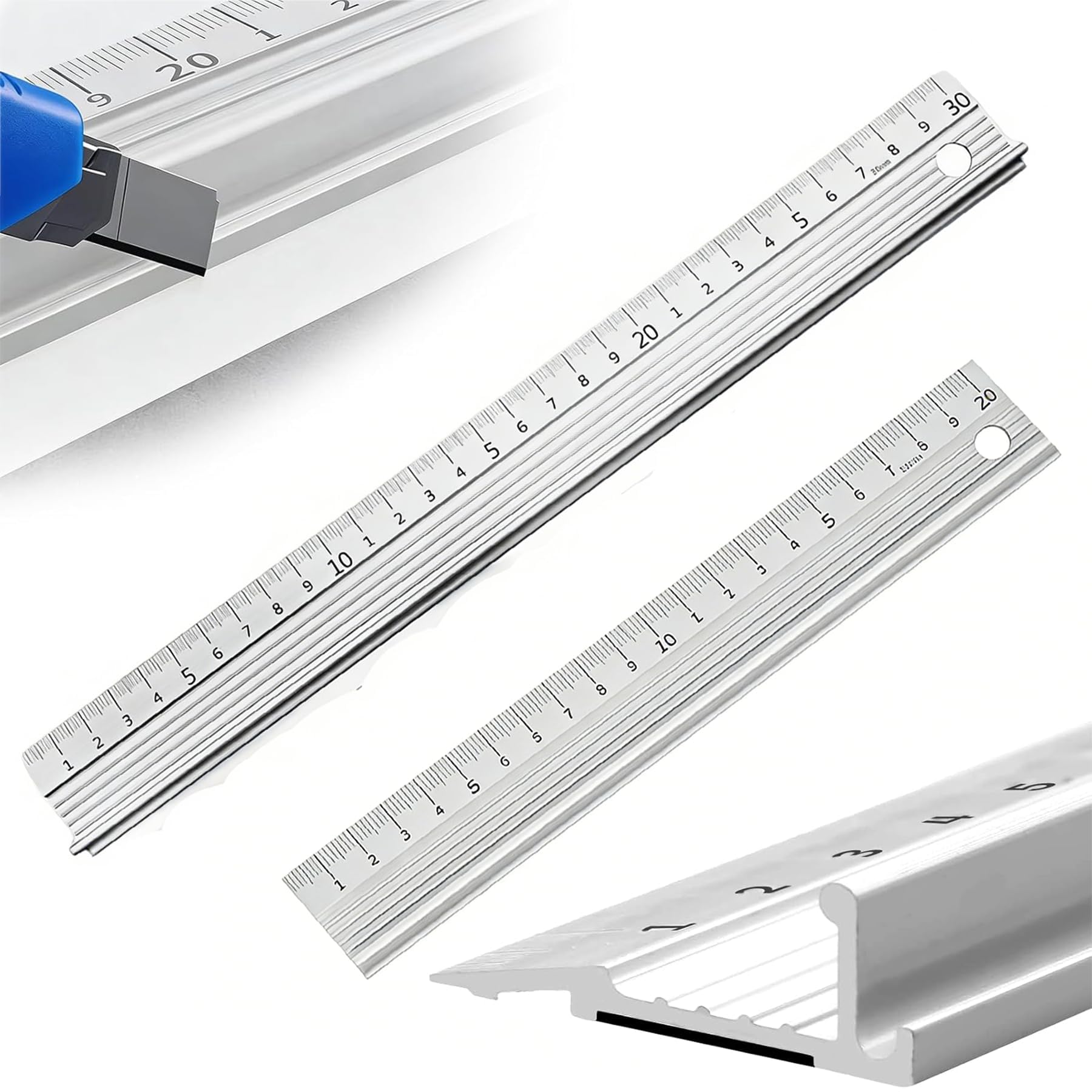Metal Ruler Set 30cm (12 inch) 20cm (8 inch) Aluminium Cutting Rulers with