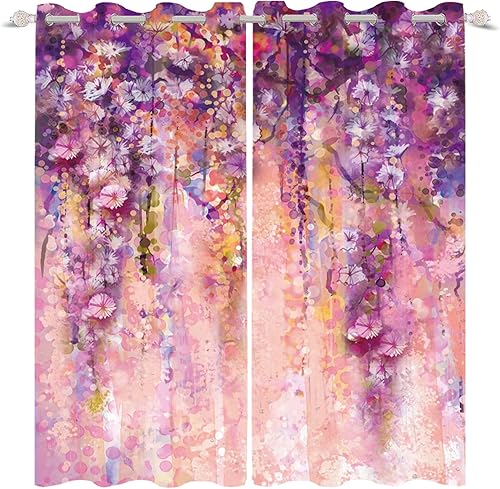 Renaiss Cortinas opacas con diseño floral de color morado y rosa, con ojales, para dormitorio, con aislamiento térmico, cortinas de acuarela para