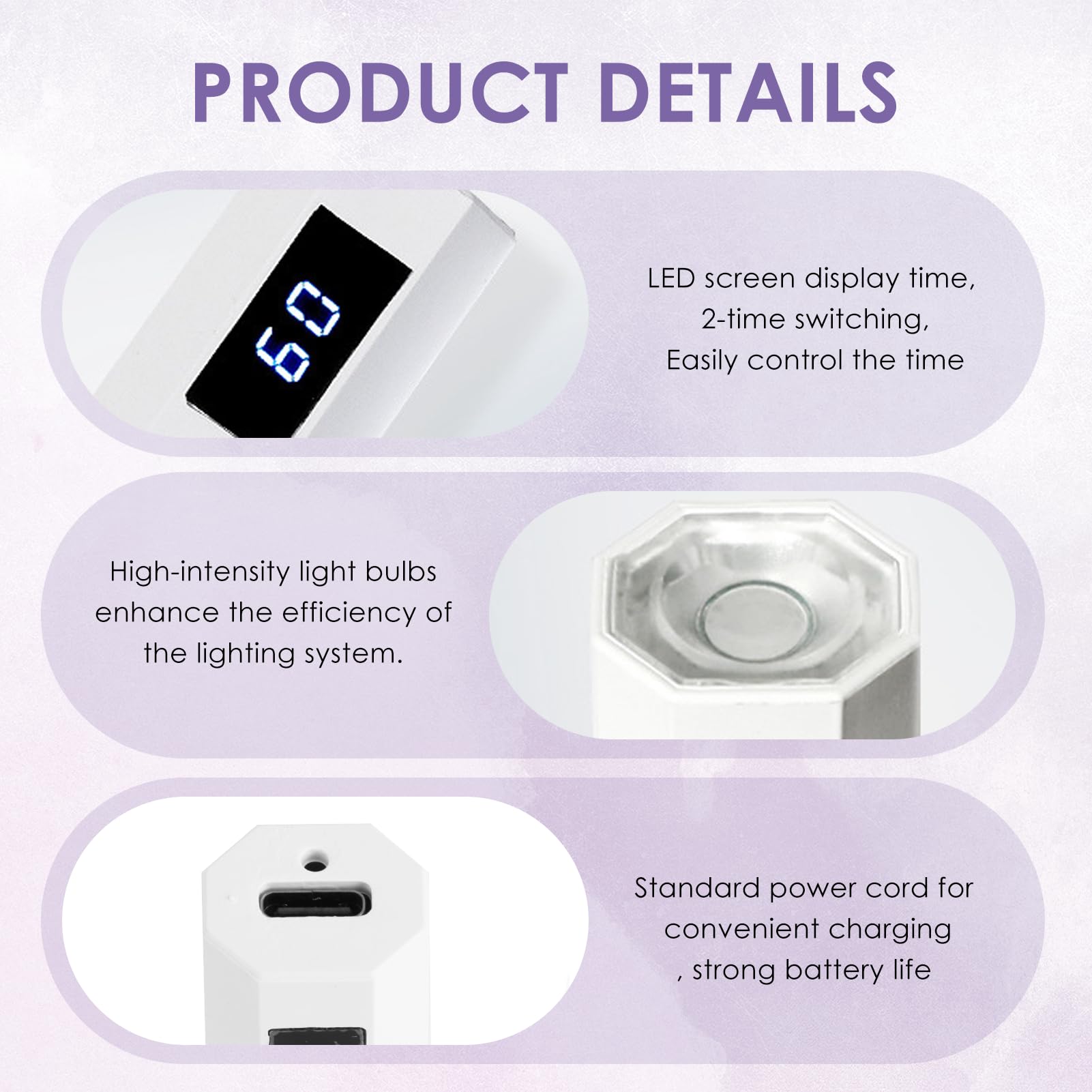 Mini UV Lamps for Gel Nails with LED Screen Handheld Small Nail Lamps Led Flashlight USB Rechargeable 180mAh 3W Flash Cure Nail Drye 20s 60s Timer Fast Drying for Women DIY at Home Travel Salo White - Image 3
