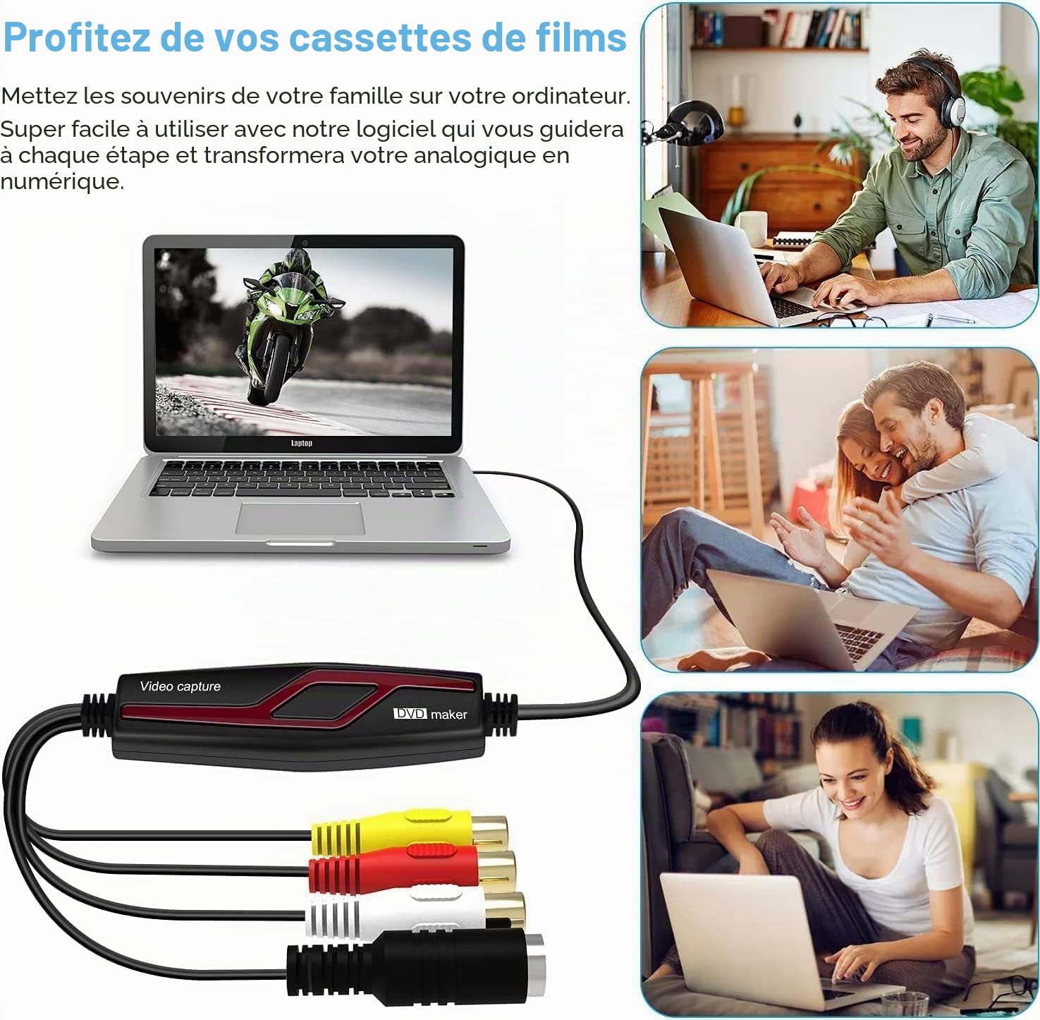 VIXLW Vidéo Capture - Convertisseur vidéo pour RCA vers USB - Convertisseurs VHS VCR Hi8 Mini DV en numérique - pour PC, TV, Lecteur de Cassette, caméscope, Mac OS X ou Windows(Noir-1)