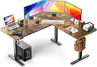 63 x 55 inch Electric Corner Desk L Shaped Standing Desk Adjustable Height with 4 Memory Preset, 2 Headphone Hook, Home Office Desk, Rustic Brown