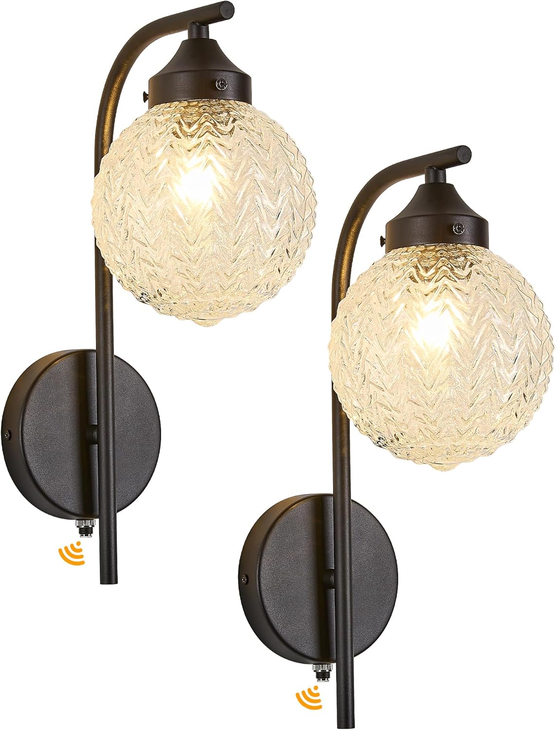 2PK Dusk to Dawn Outdoor Wall Lanterns Modern Exterior Light Fixtures Galvanized Metal with Diamond Ball Glass, IP65 Waterproof Wall Lights Outdoor Sconces for Porch, Garage, Front Door, Black, E12