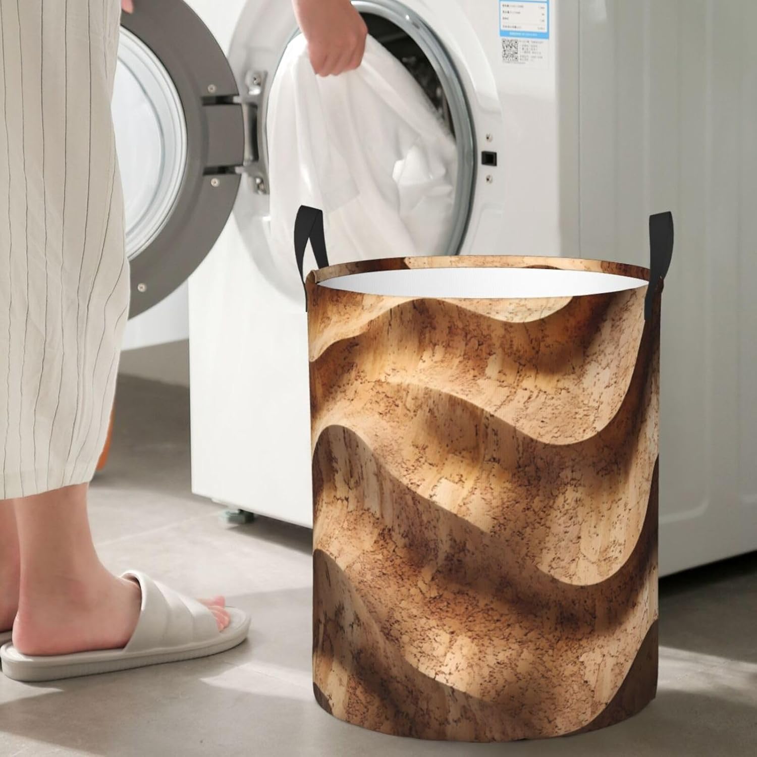 Cork grain texture Round Single-layer Laundry Basket, Portable Storage Laundry Basket, Bedroom Clothes Storage Basket with Handle