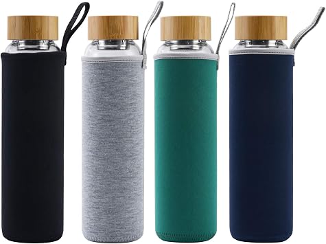 sunkey Glass Water Bottle 32 oz Wide Mouth with Sleeve Bamboo Lid Motivational Water Bottle With Time Marker Reusable Safe for Hot Cold Drinks Bpa Free (Black)